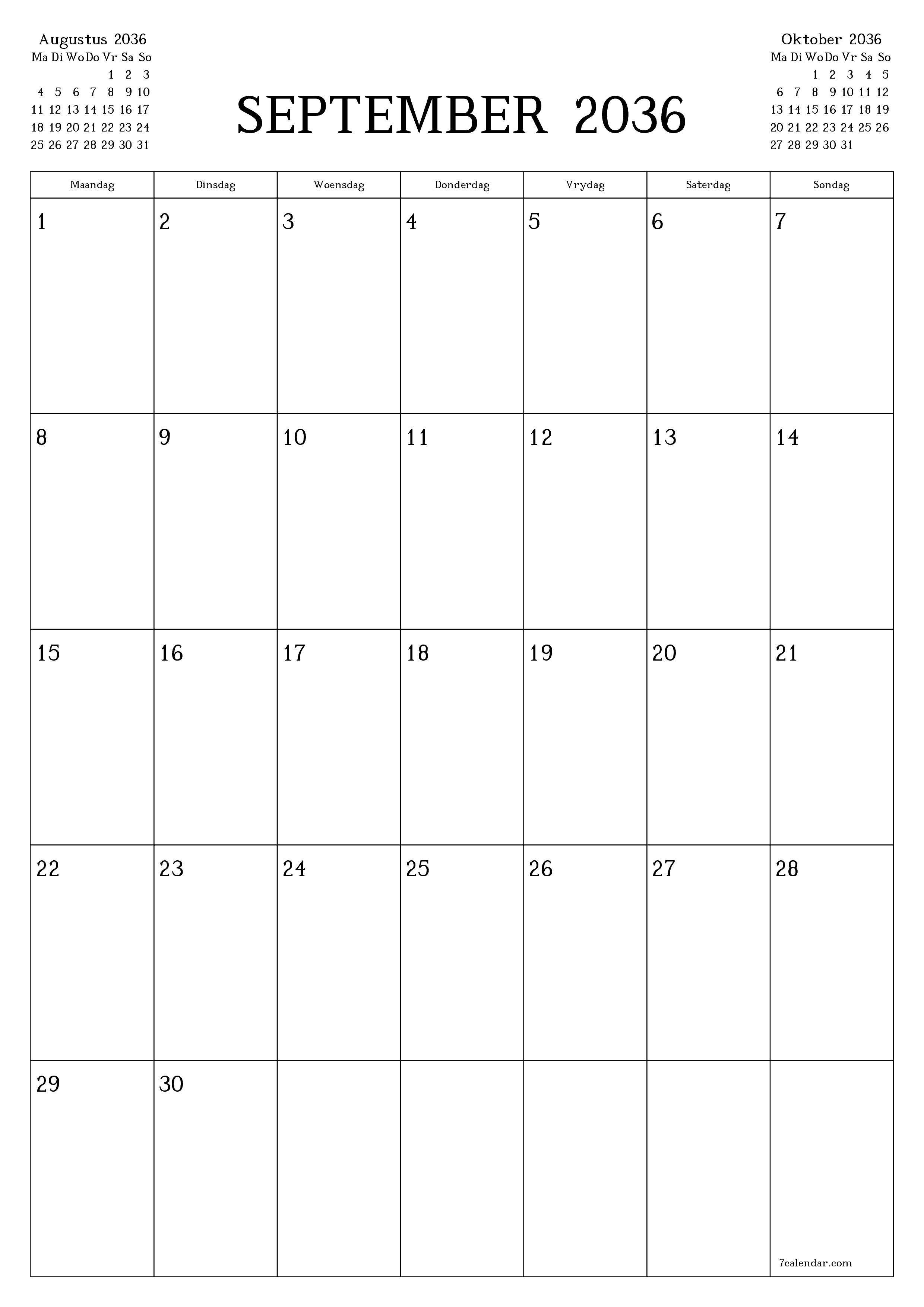 drukbare muur template gratis vertikaal Maandeliks beplanner kalender September (Sep) 2036