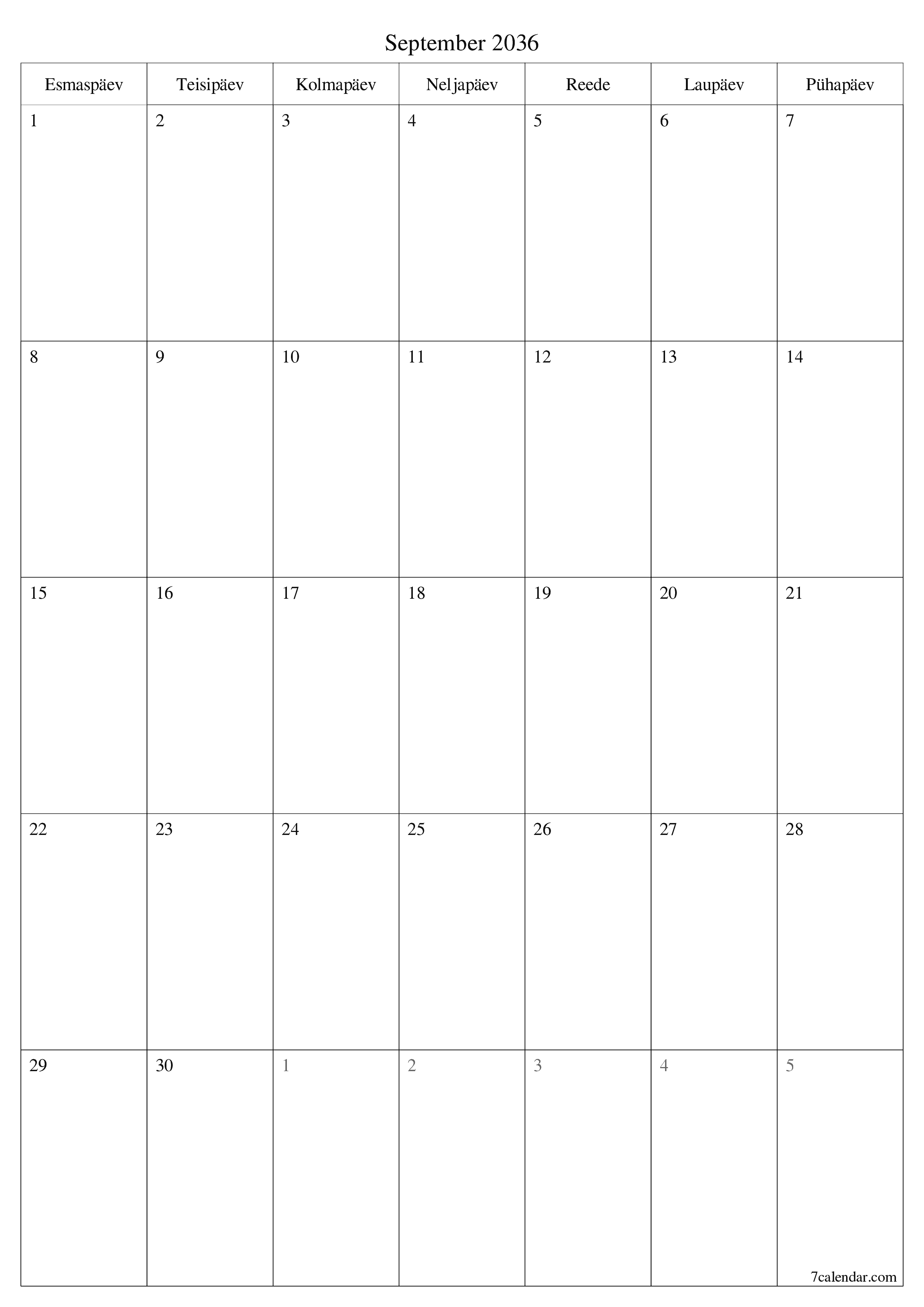 prinditav seina kalendri mall tasuta vertikaalne Igakuine planeerija kalender September (Sept) 2036