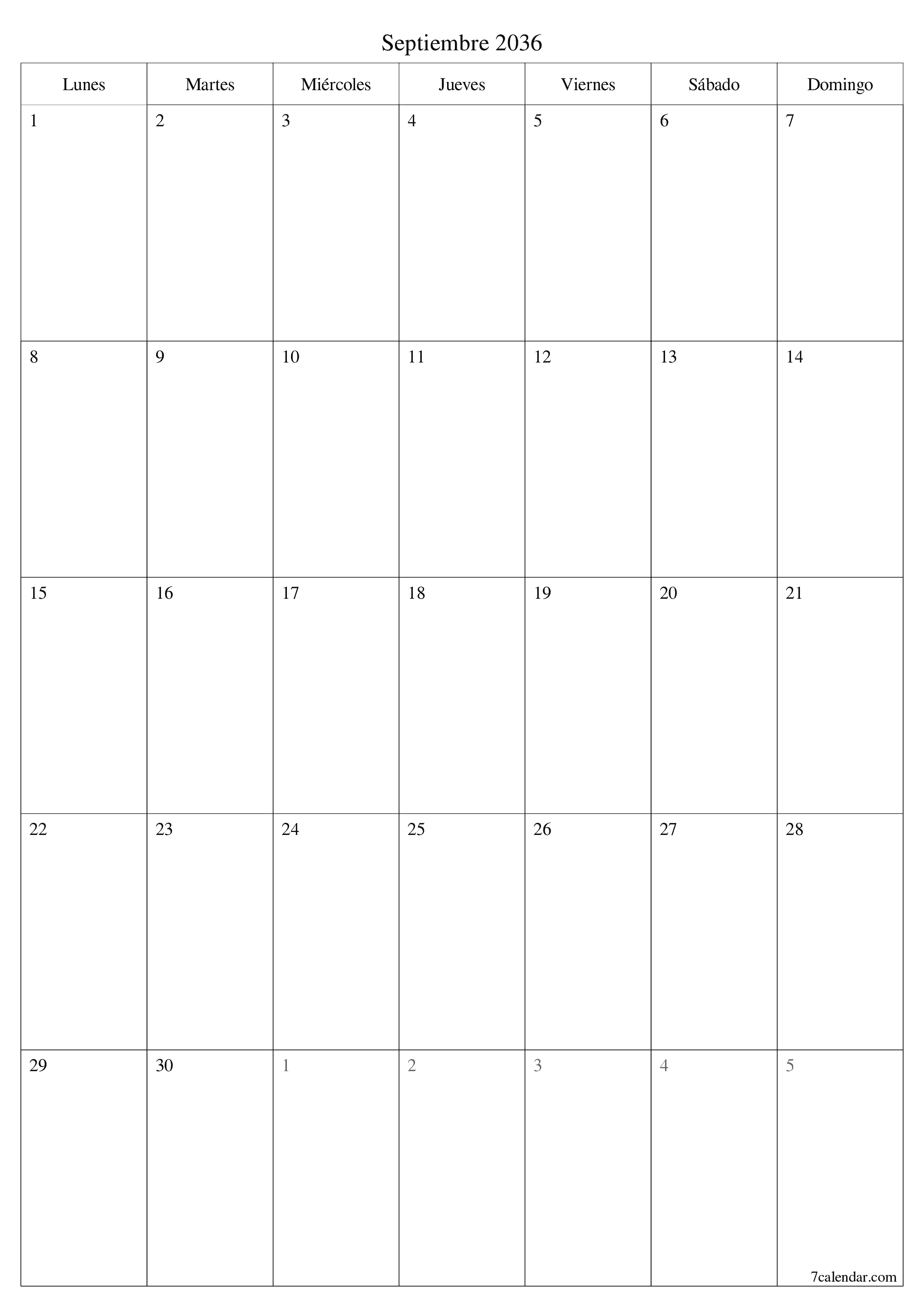  imprimible de pared plantilla de gratisvertical Mensual planificador calendario Septiembre (Sep) 2036