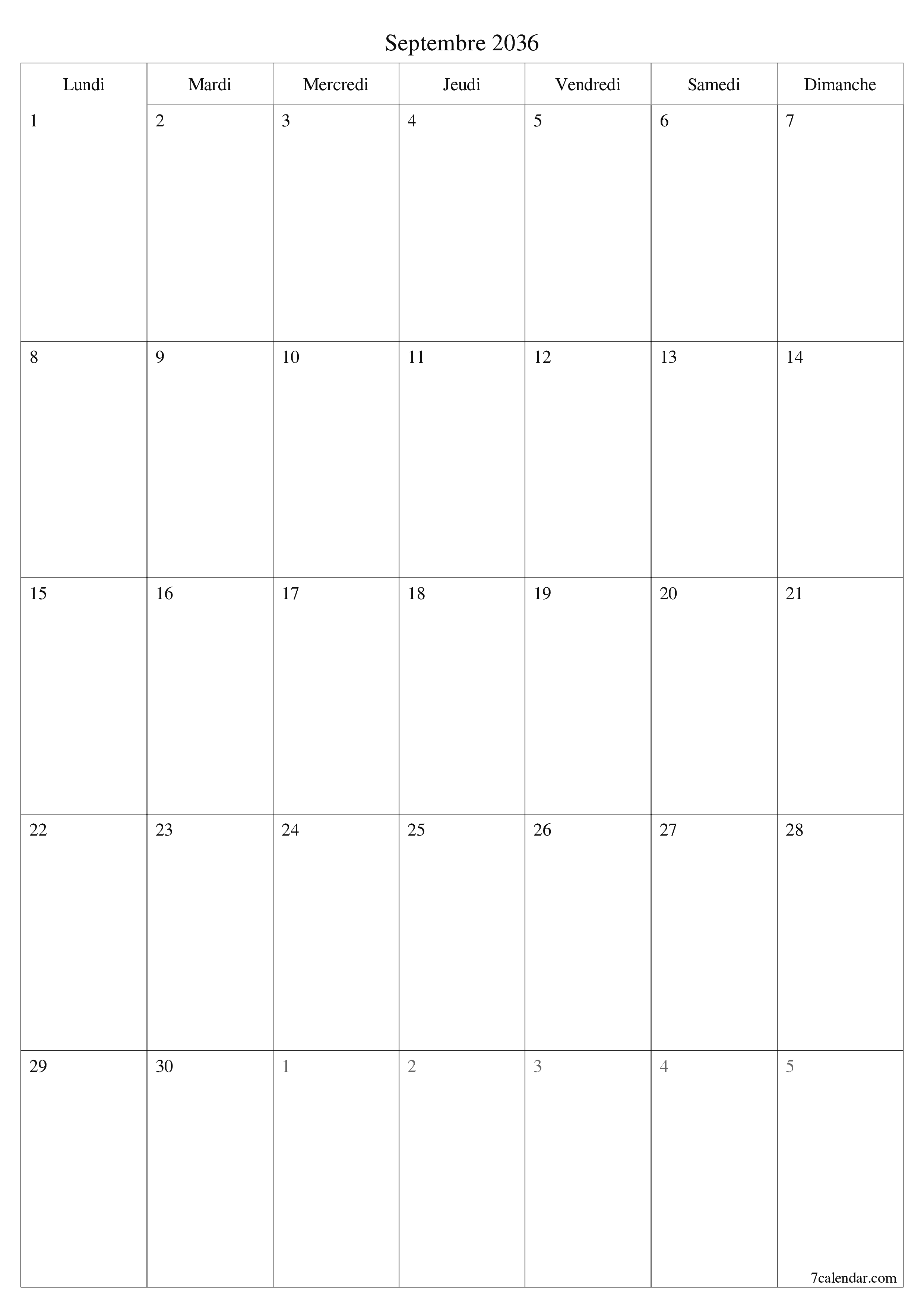  imprimable mural modèle de gratuitverticale Mensuel planificateur calendrier Septembre (Sep) 2036