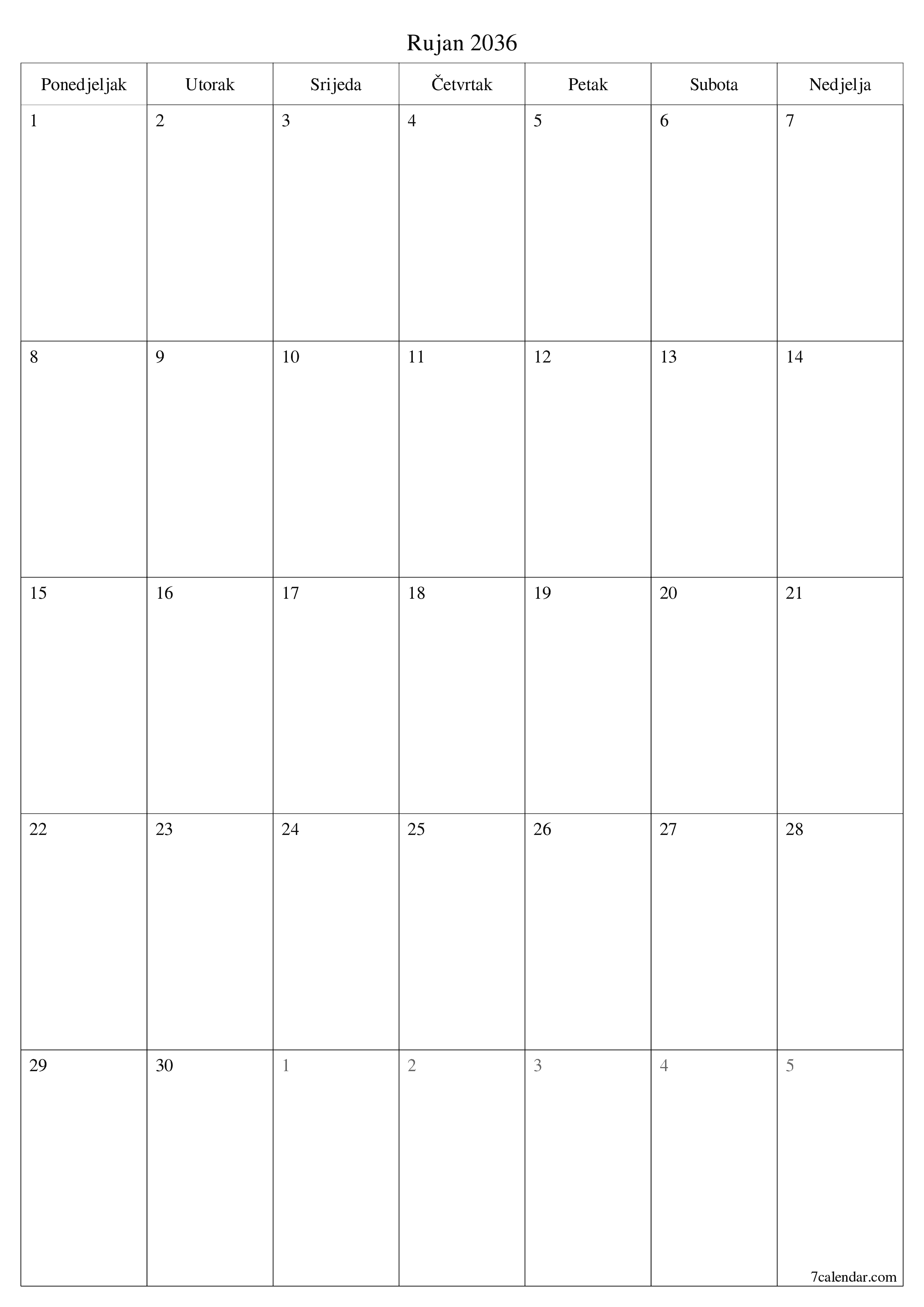 za ispis zidni predložak a besplatni okomito Mjesečni planer kalendar Rujan (Ruj) 2036