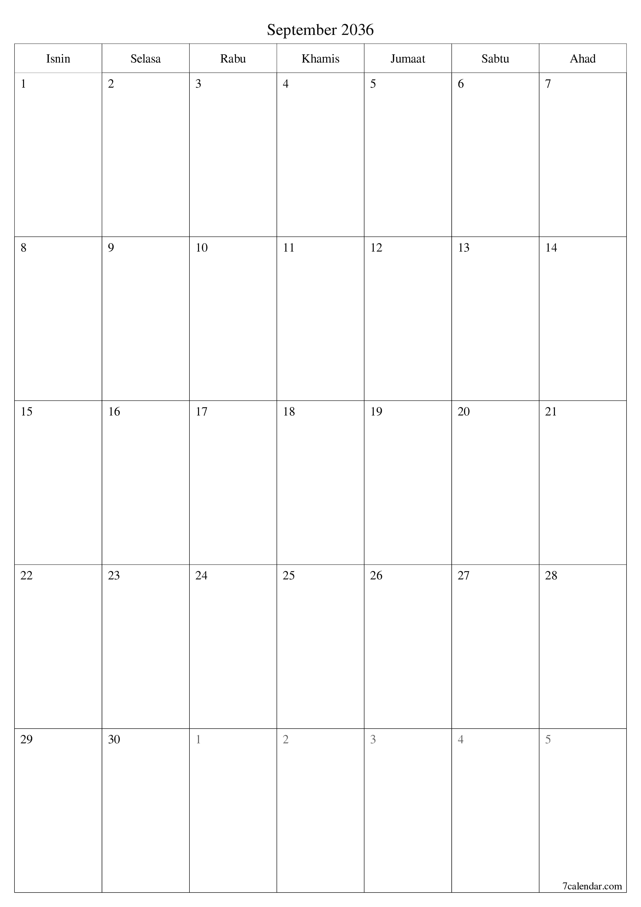  boleh cetak dinding templat percumamenegak Bulanan perancang kalendar September (Sep) 2036
