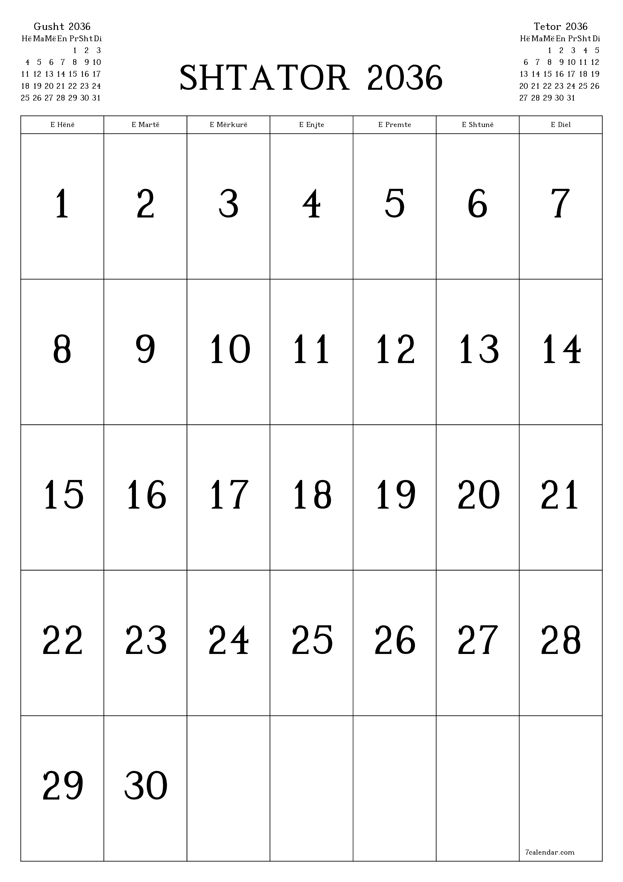  i printueshëm muri shabllon falasvertikale mujore kalendar Shtator (Sht) 2036