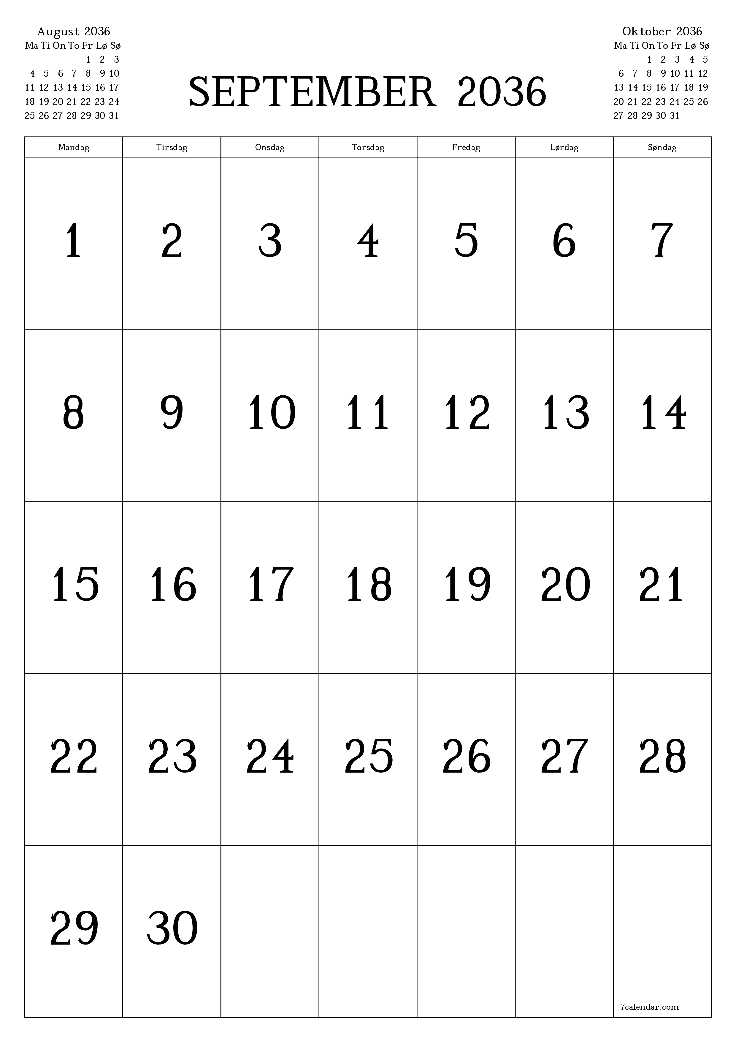 udskrivbar væg skabelon gratis lodret Månedlig kalender September (Sep) 2036