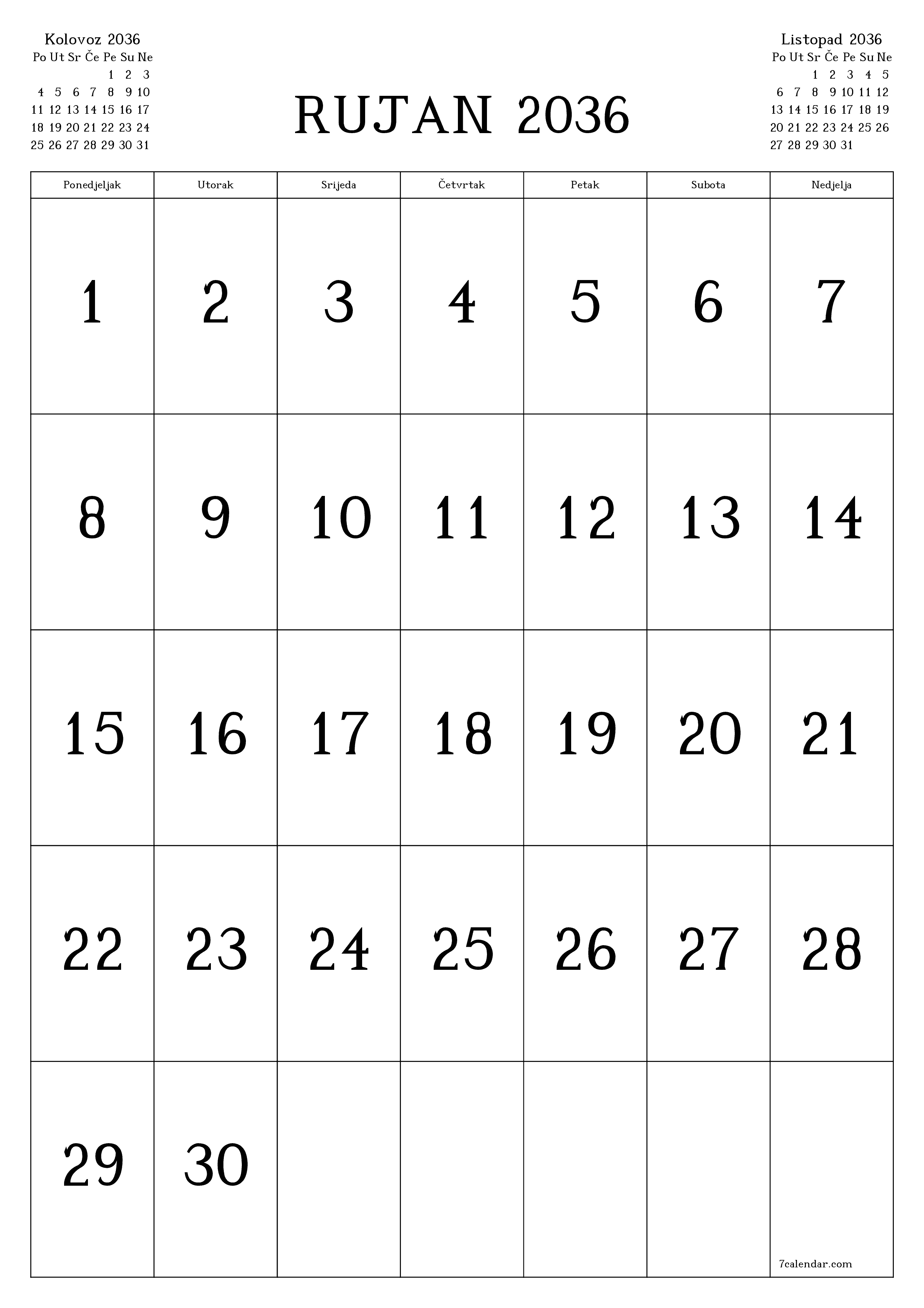  za ispis zidni predložak a besplatni okomito Mjesečni kalendar Rujan (Ruj) 2036