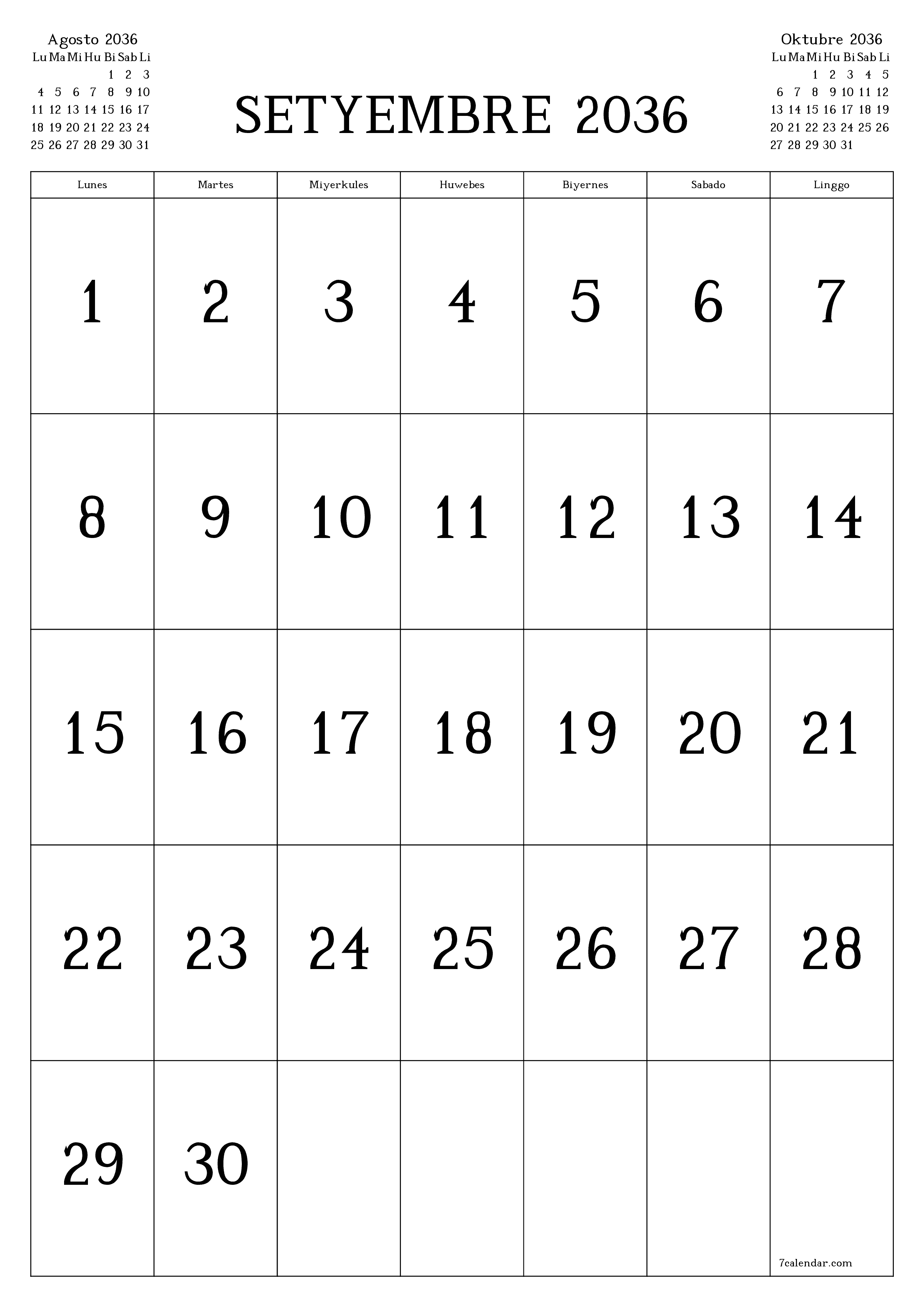napi-print na sa dingding template ng libreng patayo Buwanang kalendaryo Setyembre (Set) 2036