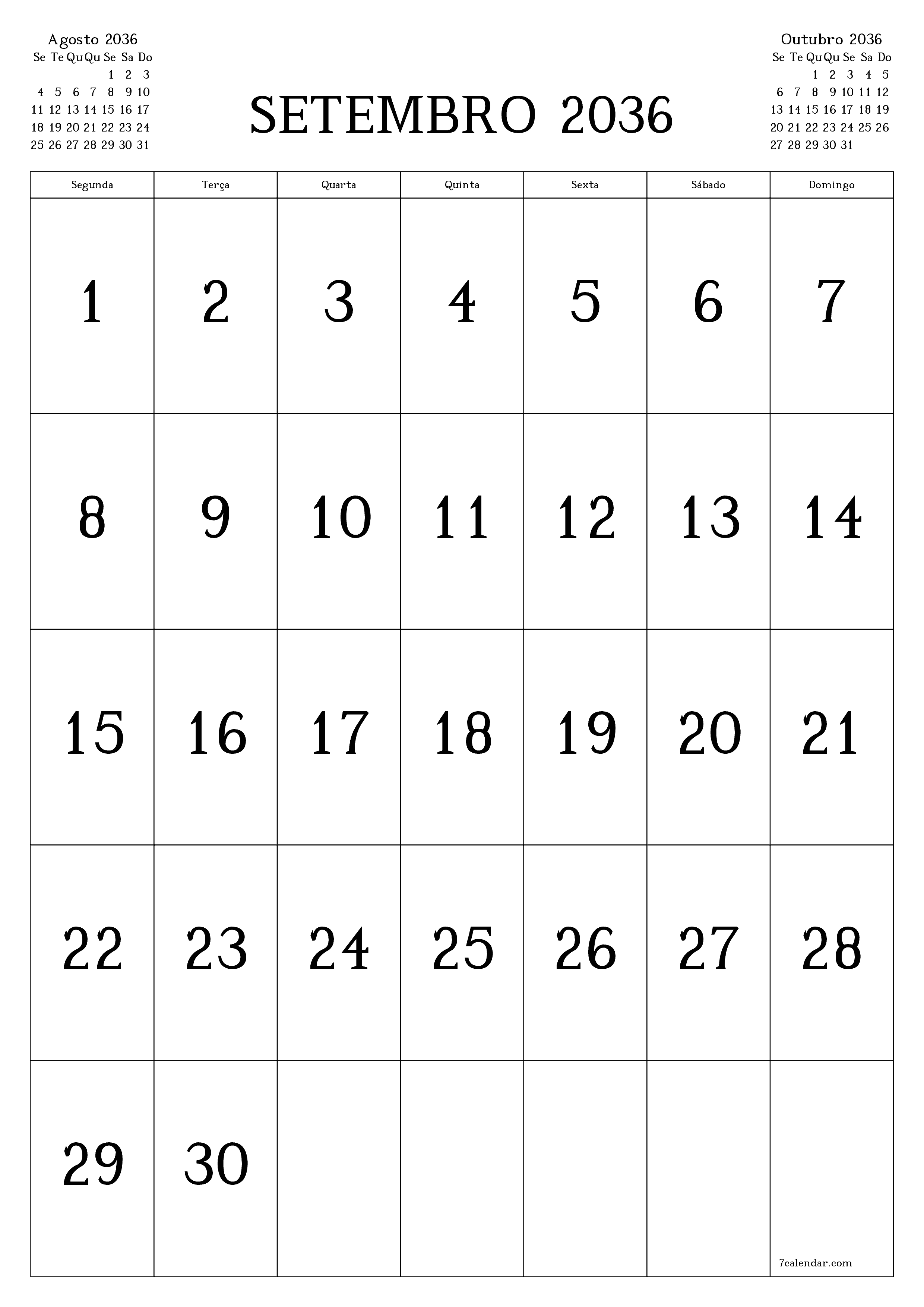  para impressão de parede modelo de grátisvertical Mensal calendário Setembro (Set) 2036