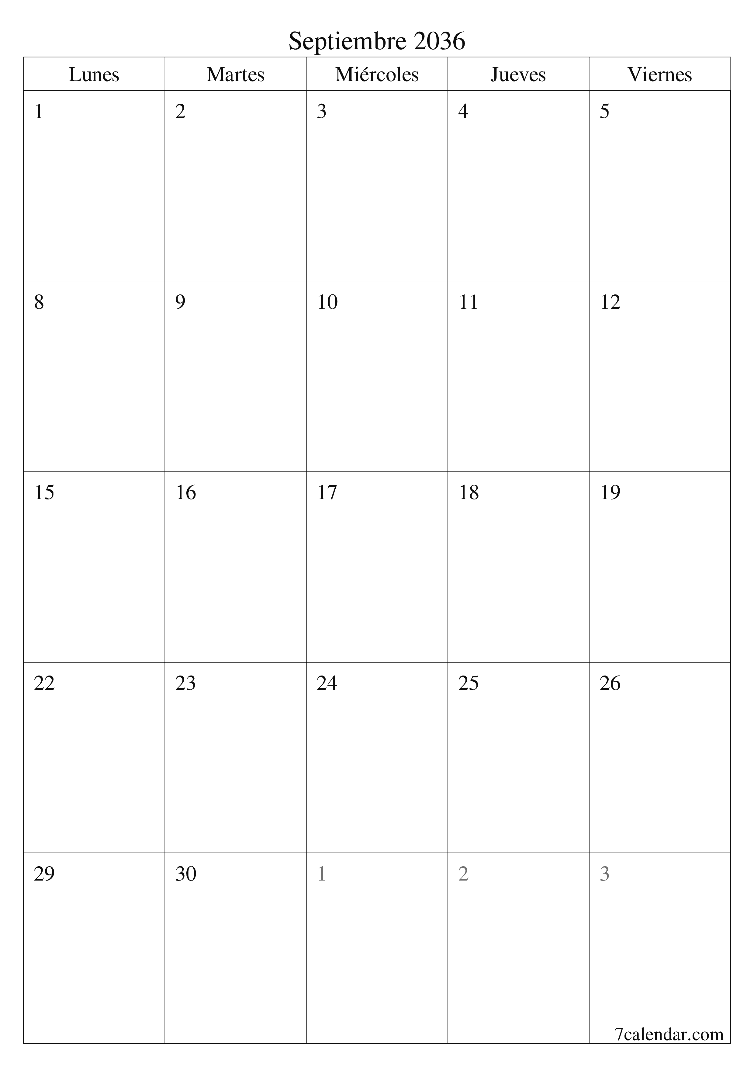  imprimible de pared plantilla de gratisvertical Mensual planificador calendario Septiembre (Sep) 2036