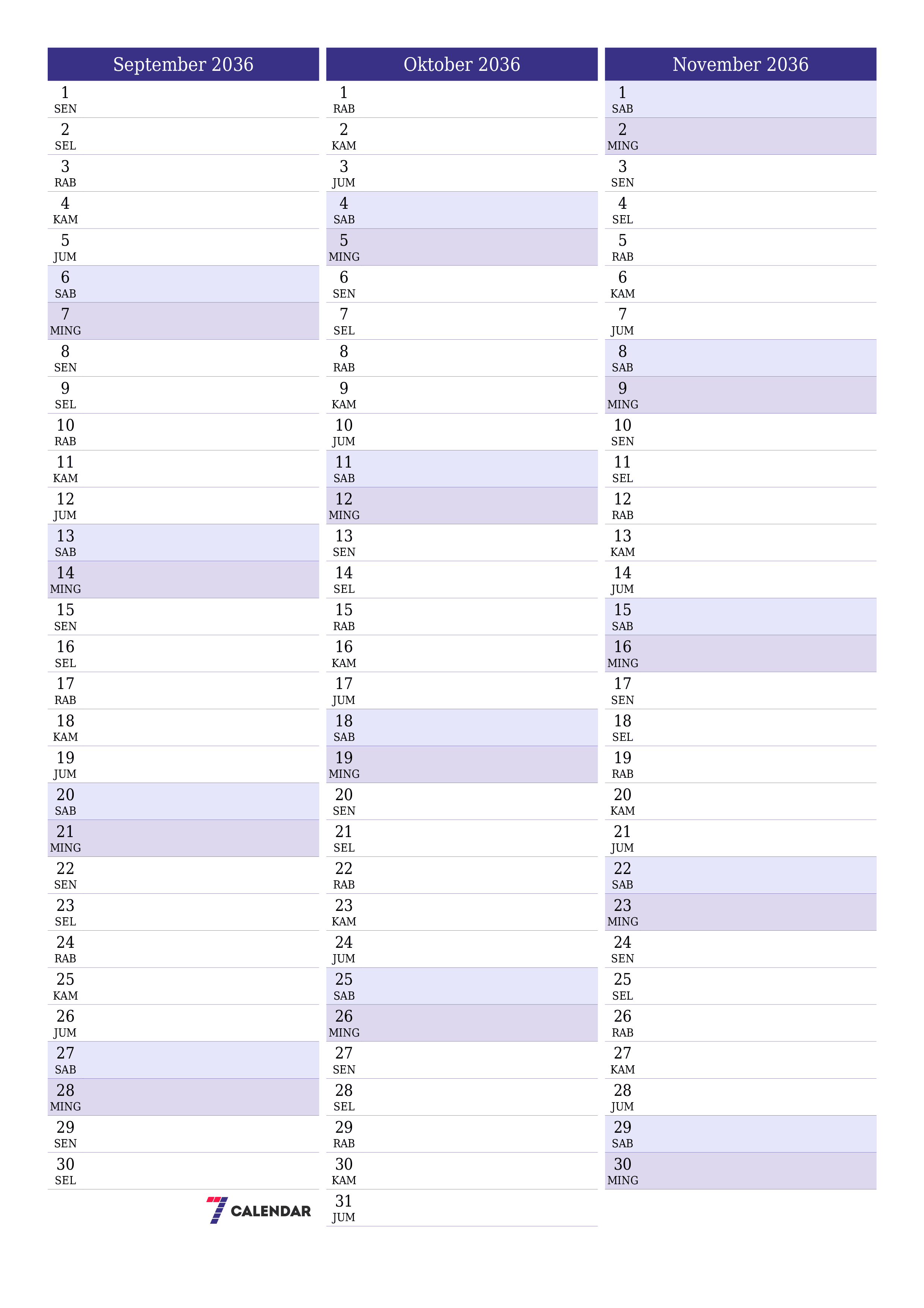  yang dapat dicetak dinding templat gratisvertikal Bulanan perencana kalender September (Sep) 2036