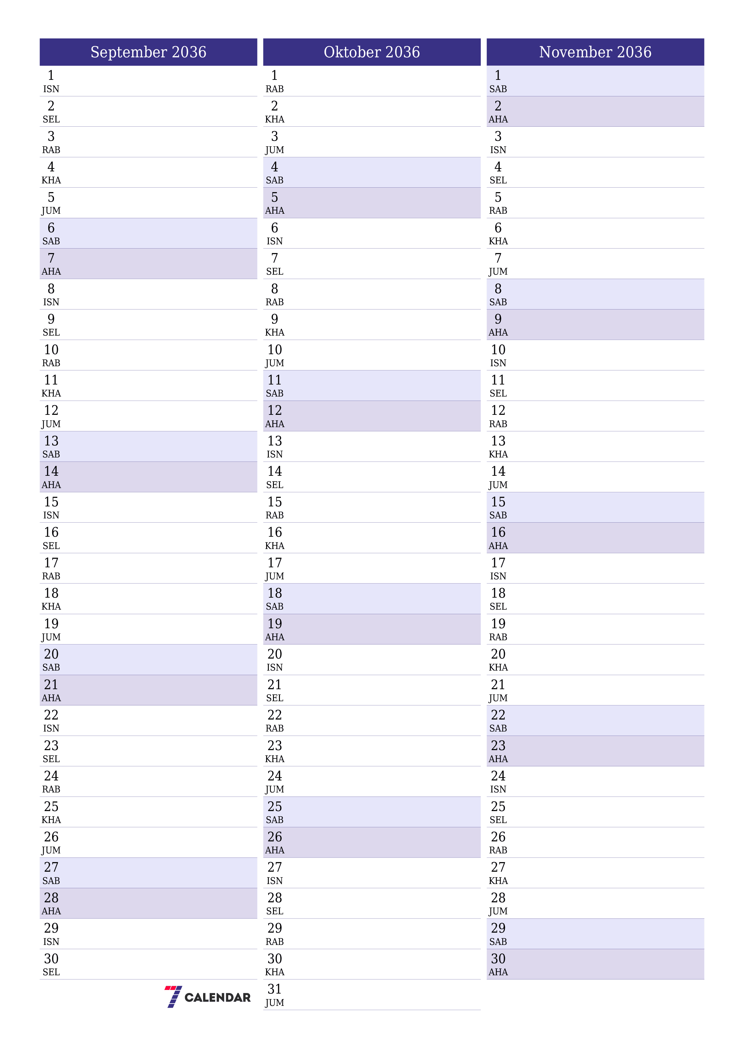  boleh cetak dinding templat percumamenegak Bulanan perancang kalendar September (Sep) 2036