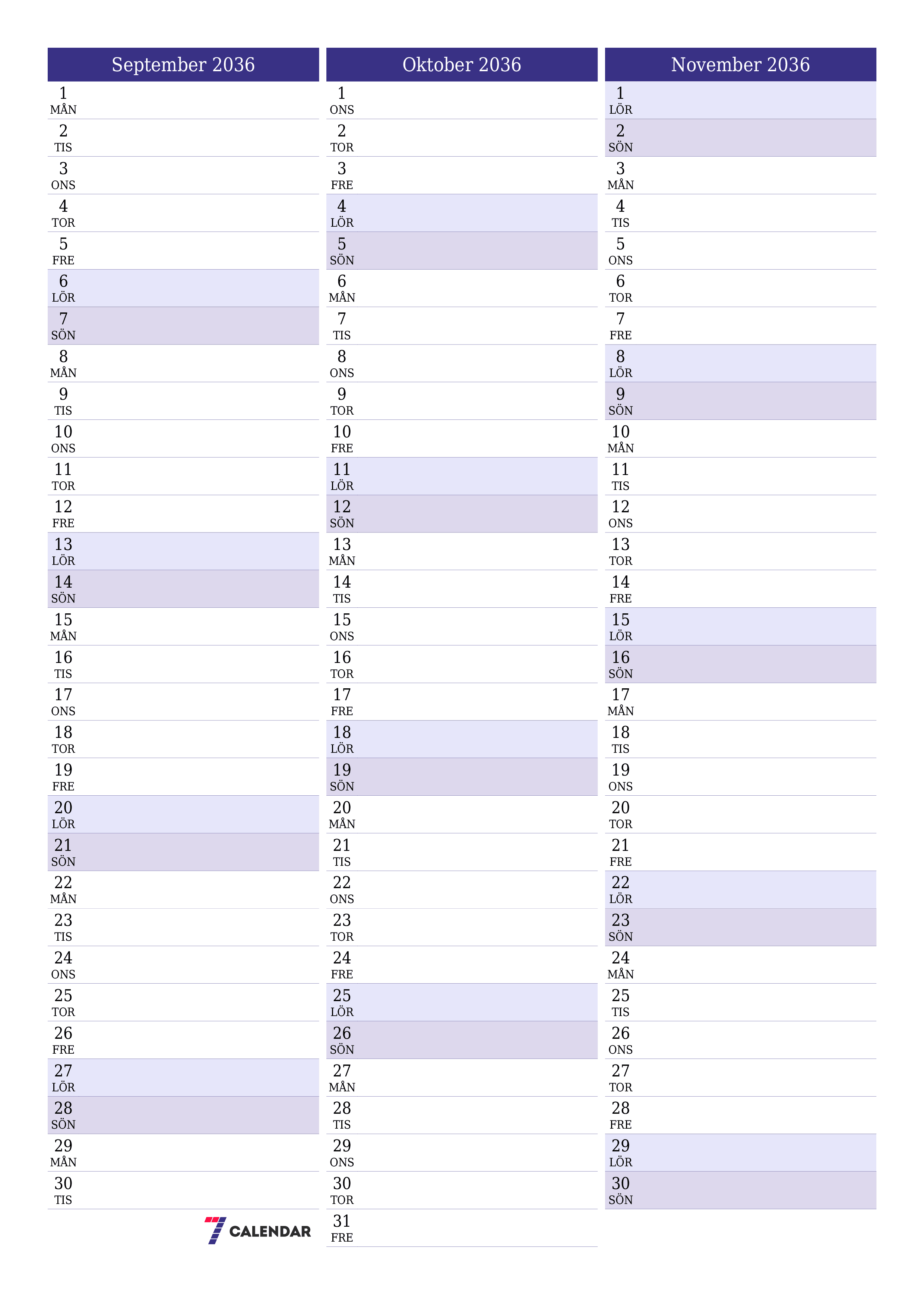 utskrivbar vägg mall gratis vertikal Månatlig planerare kalender September (Sep) 2036