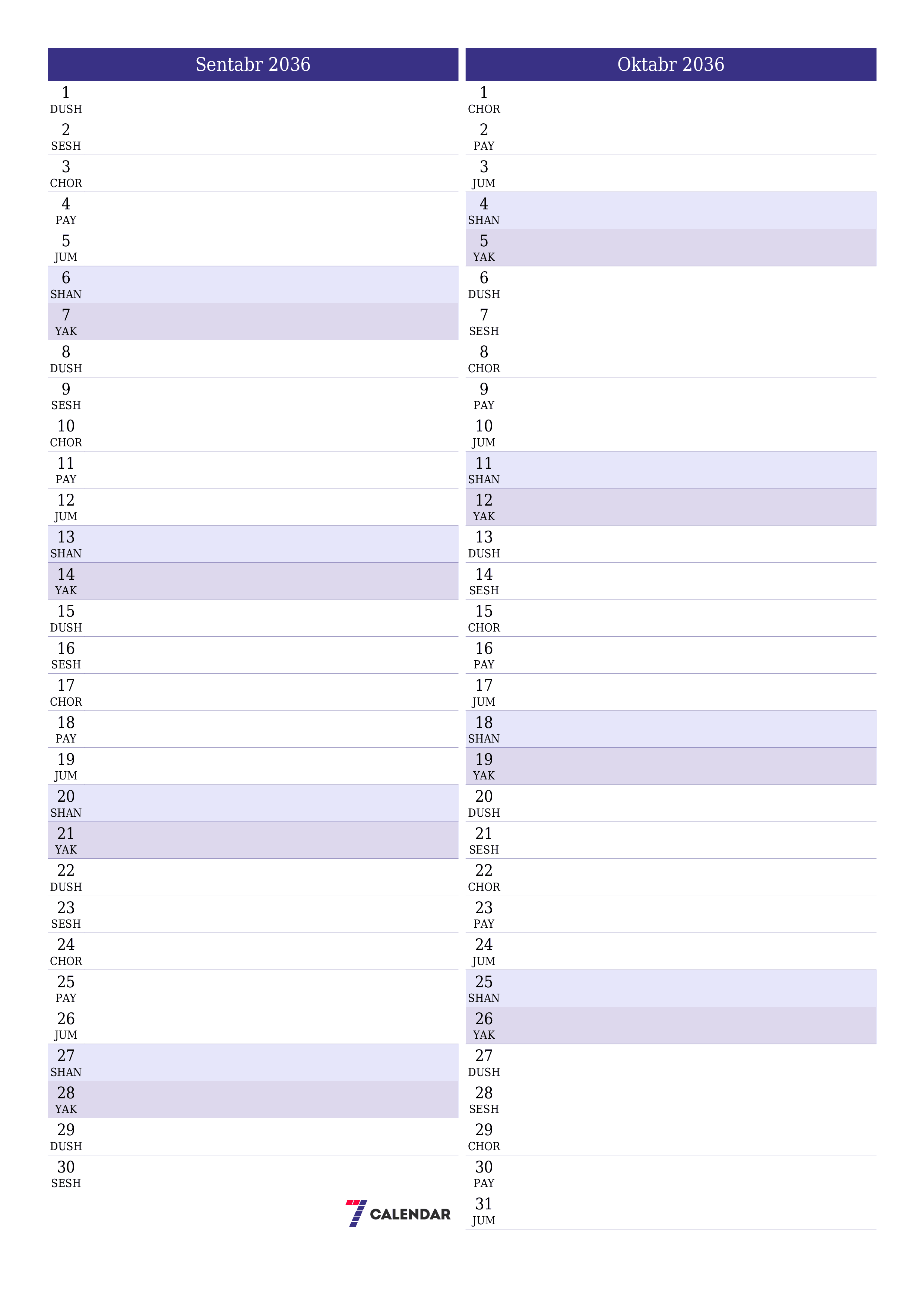 Sentabr 2036 oylik oylik rejalashtiruvchini yozuvlar bilan bo'shatish, saqlash va PDF-ga chop etish PNG Uzbek