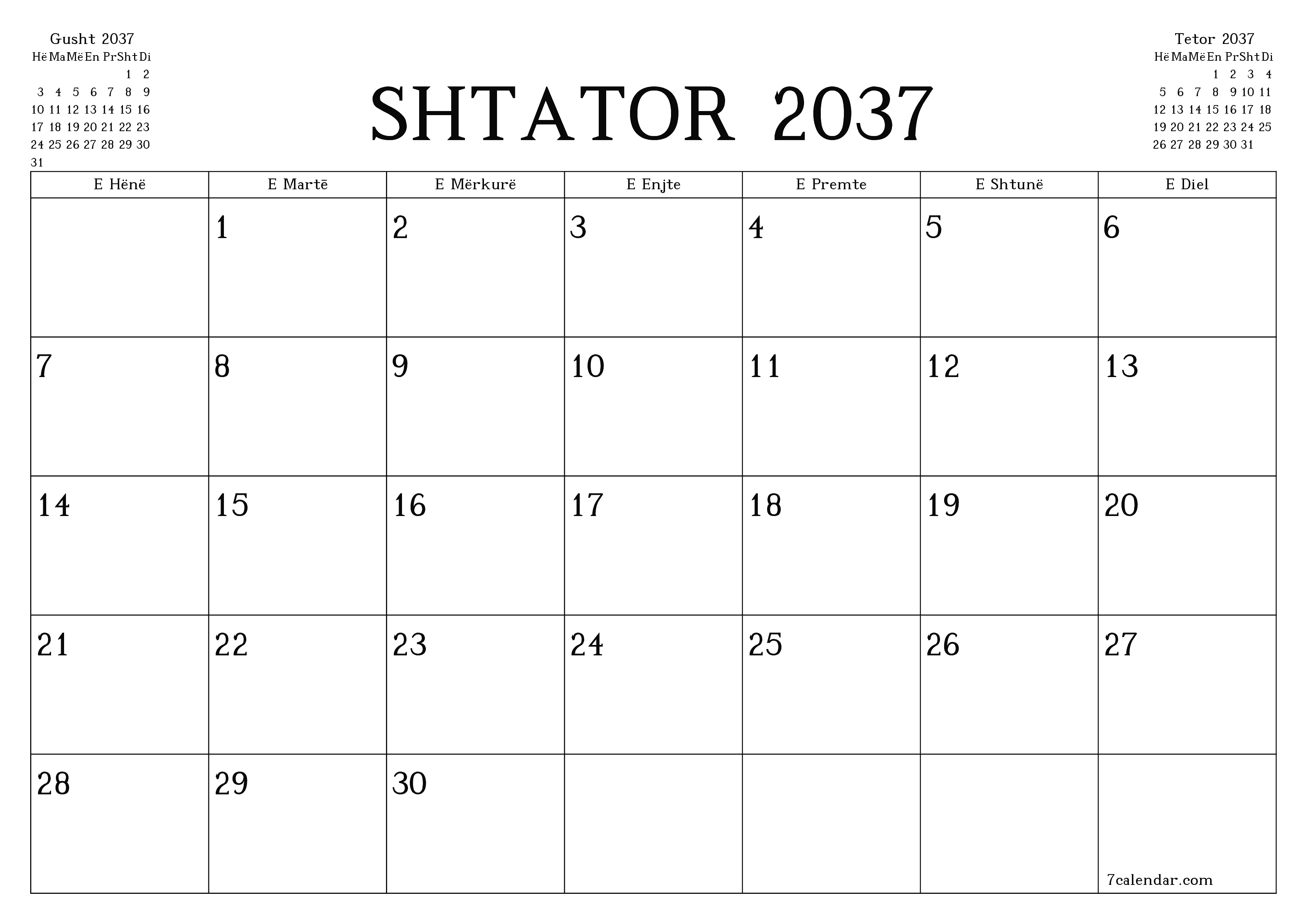 Planifikuesi i zbrazët i kalendarit mujor për muajin Shtator 2037 me shënime të ruajtura dhe të printuara në PDF PNG Albanian