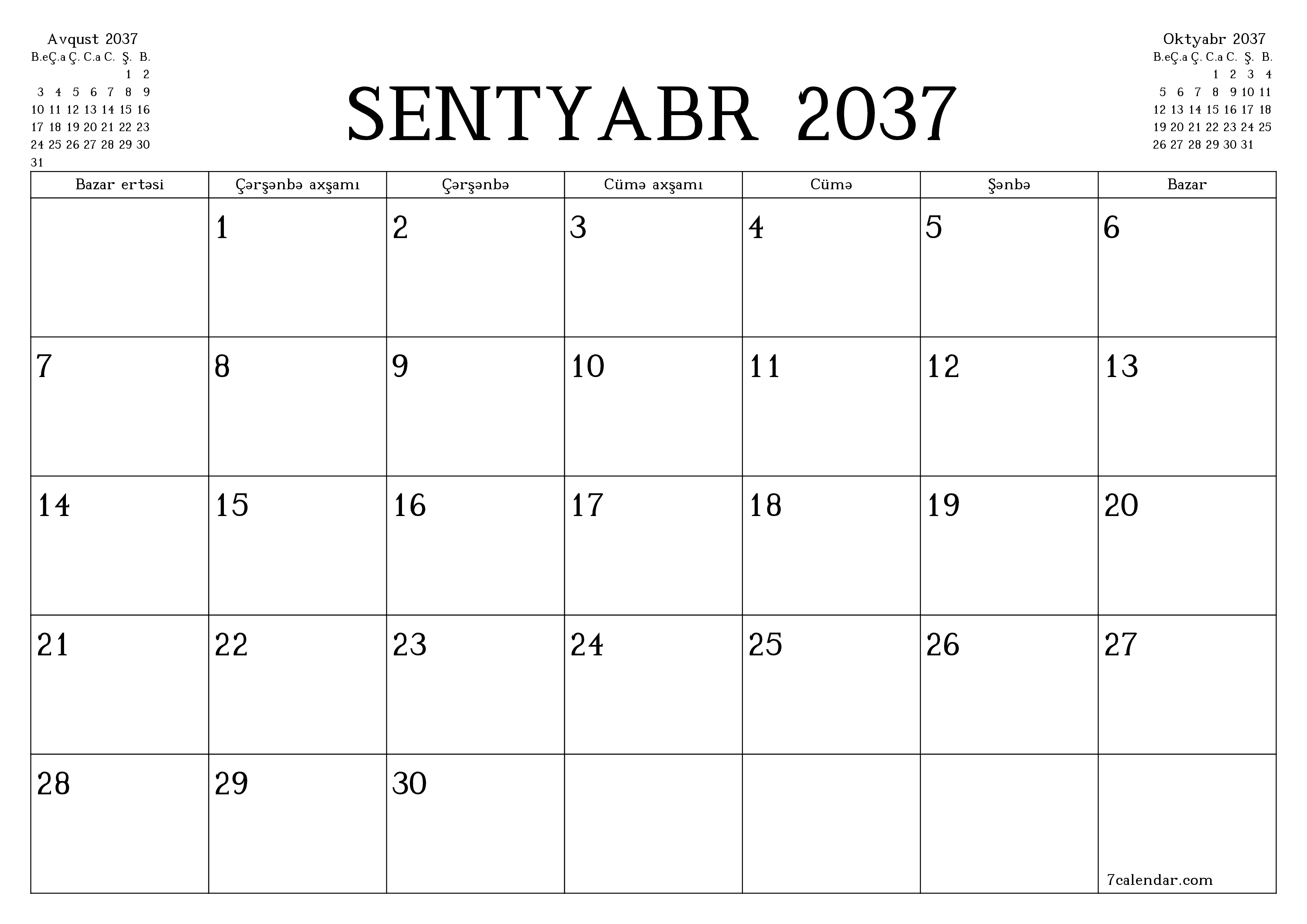 Sentyabr 2037 ayı üçün qeydlər ilə boş aylıq planlayıcı, qeyd edin və PDF-ə yazdırın PNG Azerbaijani