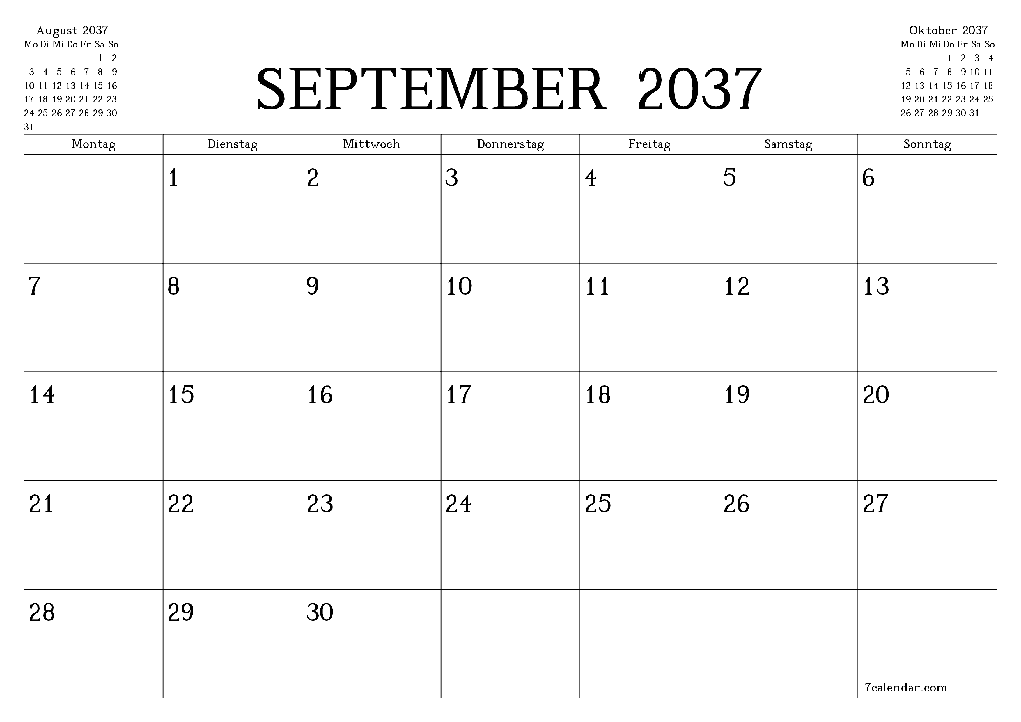 Monatsplaner für Monat September 2037 mit Notizen leeren, speichern und als PDF PNG German - 7calendar.com drucken