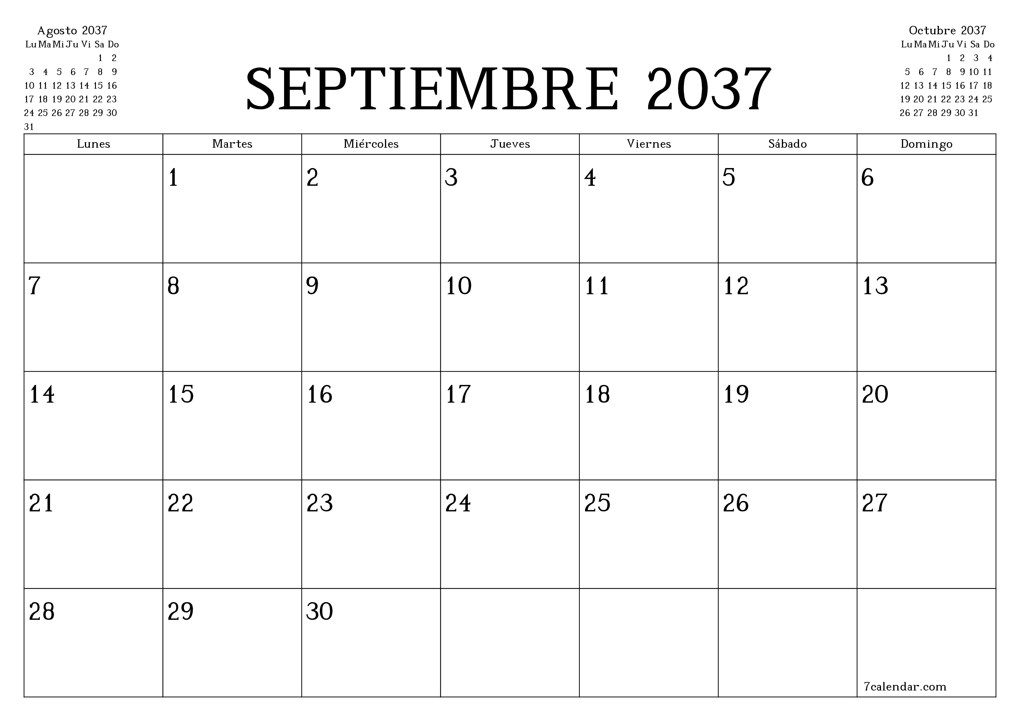 Planificador mensual vacío para el mes Septiembre 2037 con notas, guardar e imprimir en PDF PNG Spanish