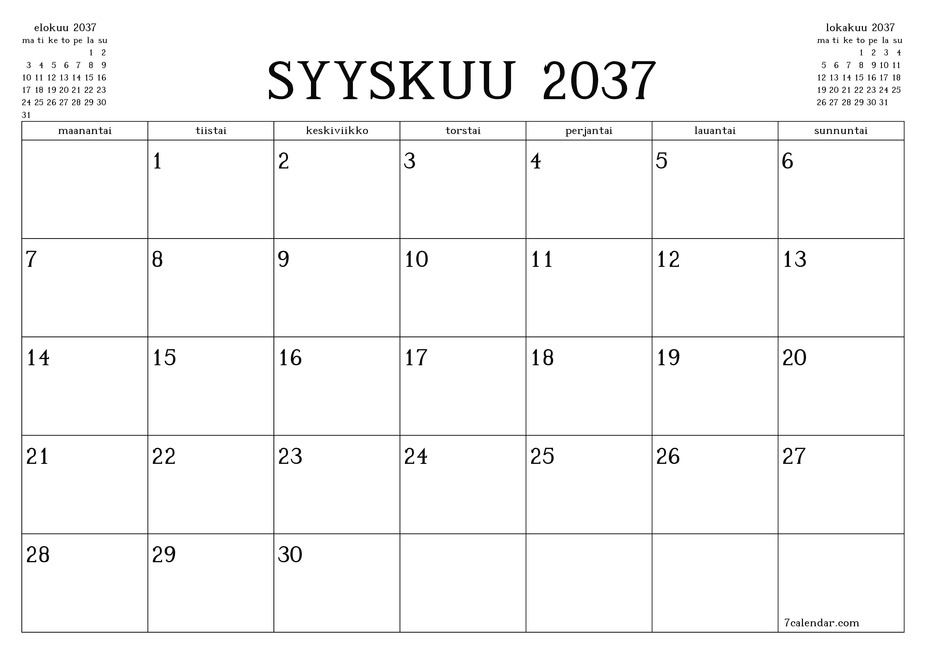 Tyhjennä kuukausittainen suunnittelija kuukaudelle Syyskuu 2037 muistiinpanoilla, tallenna ja tulosta PDF-muotoon PNG Finnish