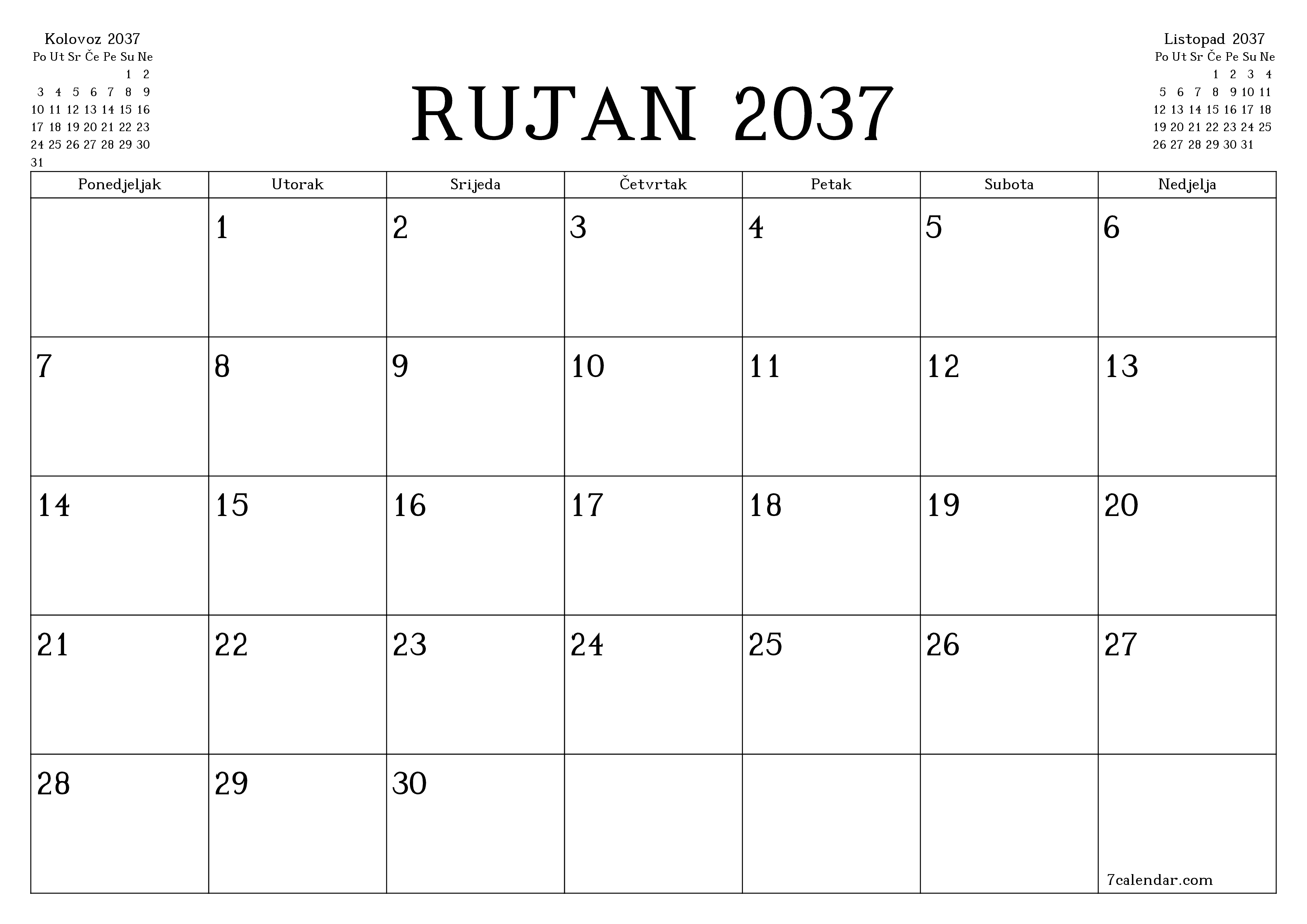 Ispraznite mjesečni planer za mjesec Rujan 2037 s bilješkama, spremite i ispišite u PDF PNG Croatian