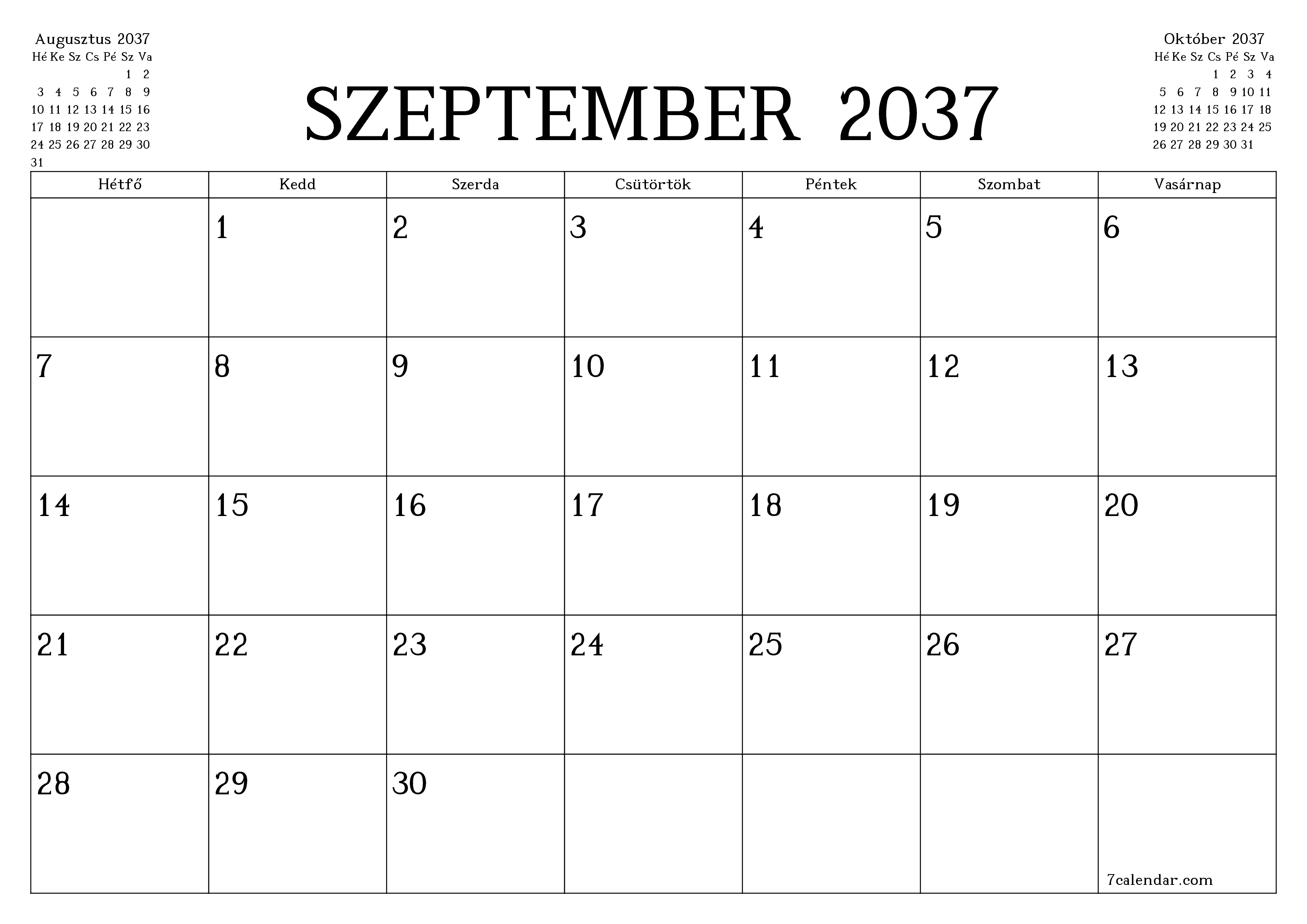 Üres havi tervező a Szeptember 2037 hónapra jegyzetekkel, mentés és nyomtatás PDF-be PNG Hungarian