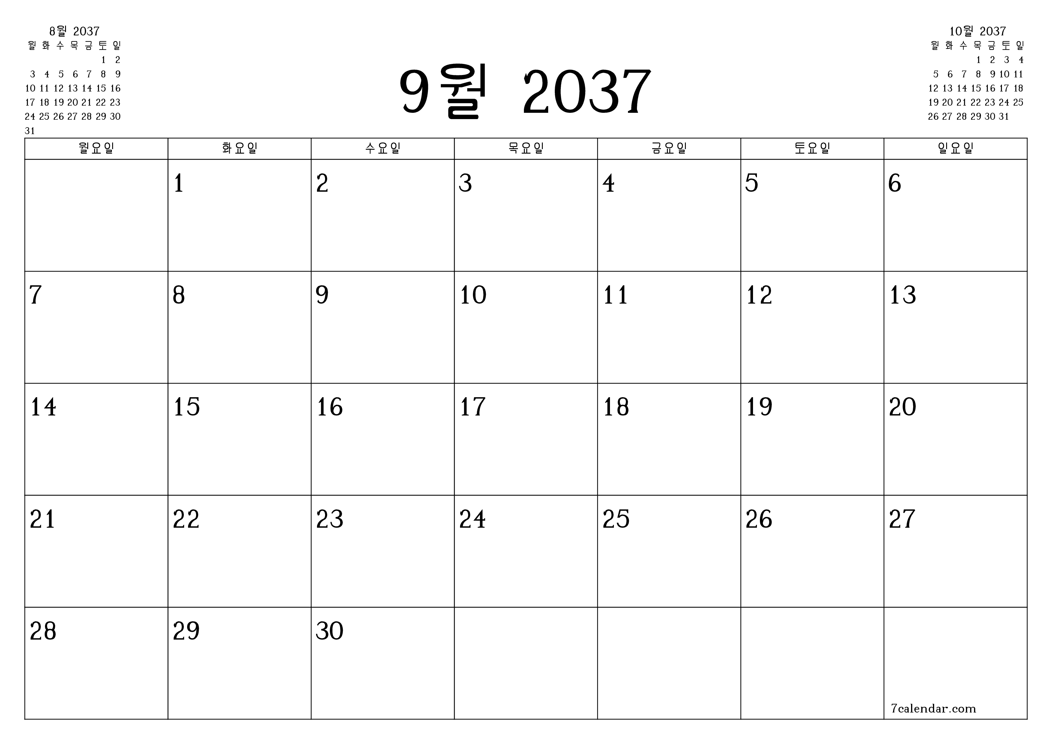 메모가있는 9월 2037 월의 월간 플래너 비우기, PDF PNG Korean-7calendar.com으로 저장 및 인쇄