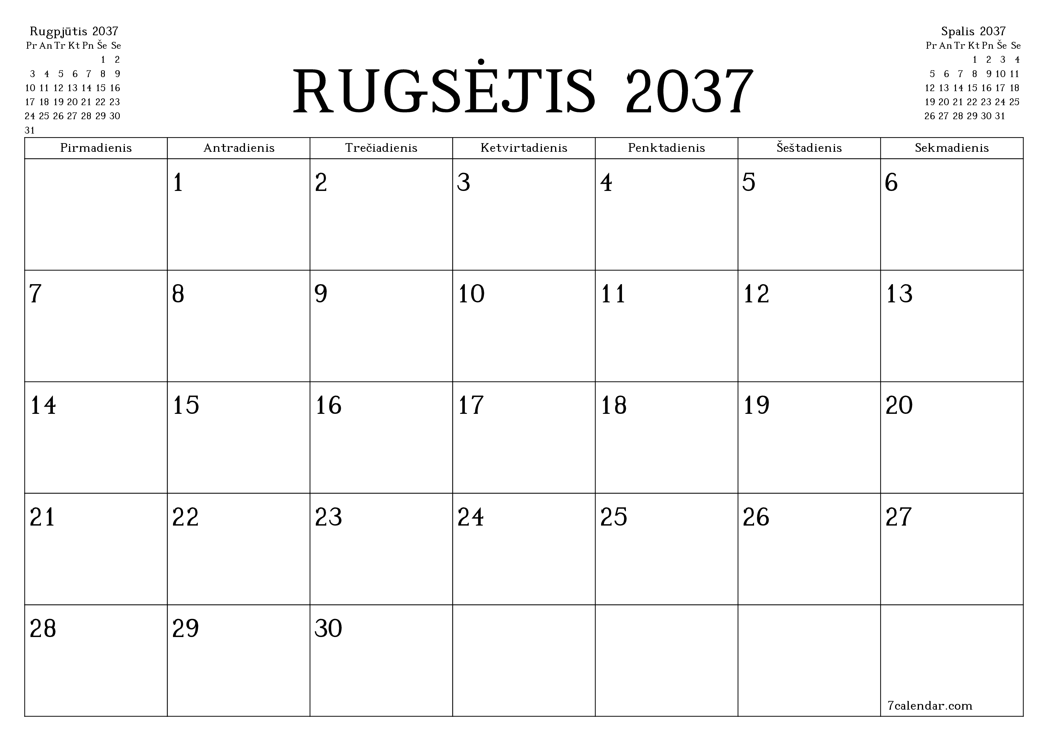 Ištuštinti mėnesio Rugsėjis 2037 mėnesio planavimo priemonę su užrašais, išsaugoti ir atsispausdinti PDF formate PNG Lithuanian
