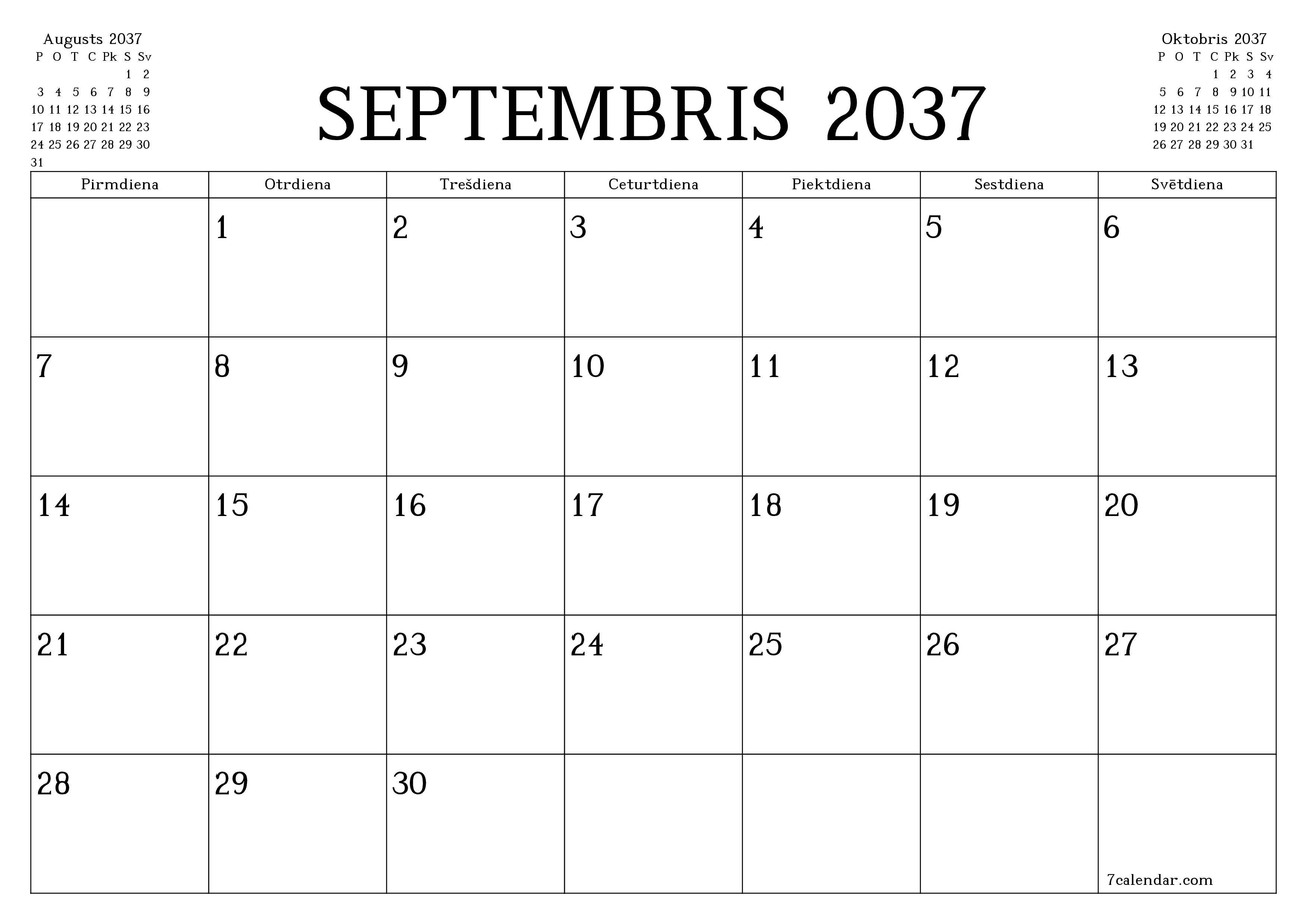 Iztukšot mēneša plānotāju mēnesim Septembris 2037 ar piezīmēm, saglabāt un izdrukāt PDF formātā PNG Latvian