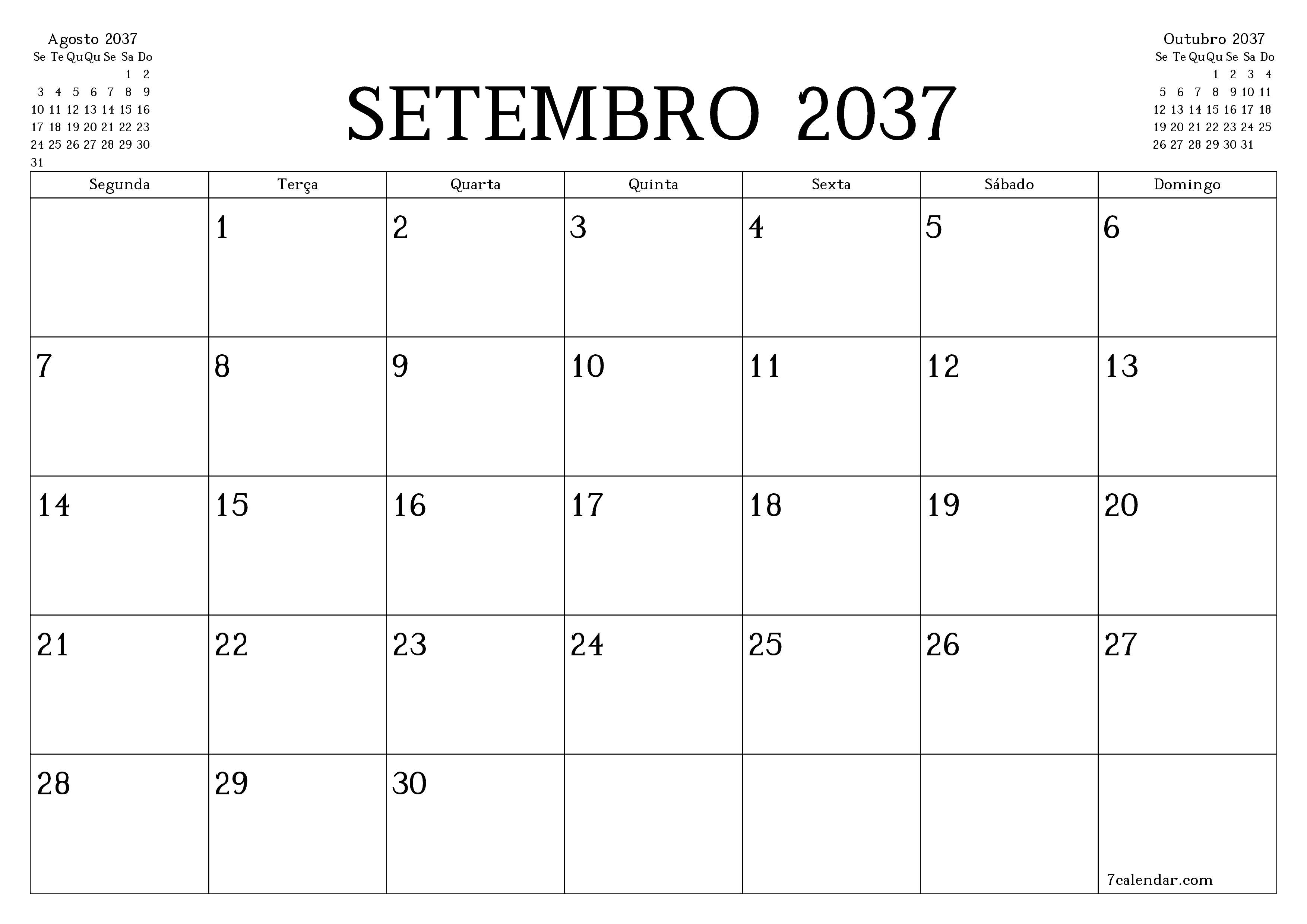 Esvazie o planejador mensal para o mês Setembro 2037 com notas, salve e imprima em PDF PNG Portuguese