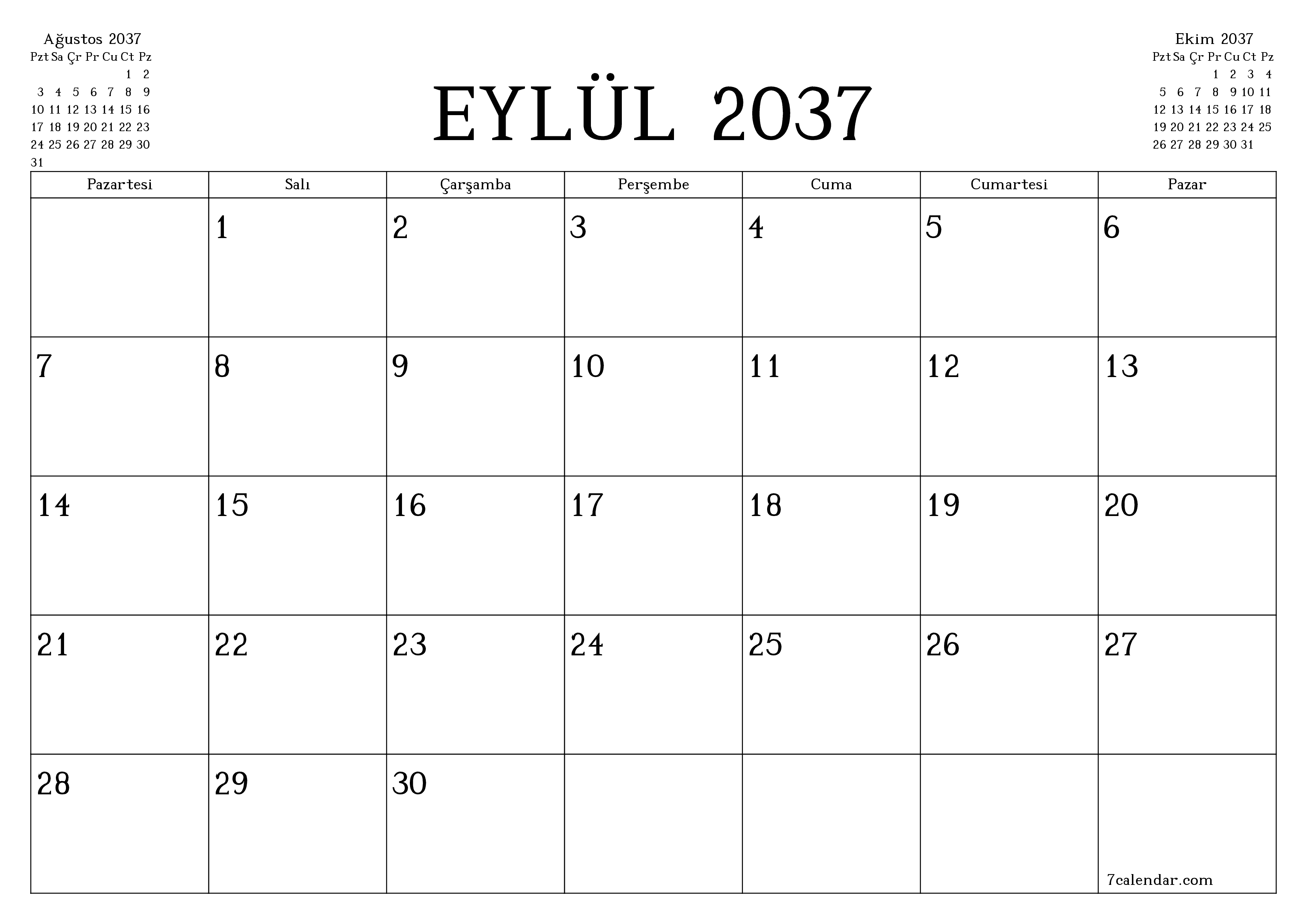 Eylül 2037 ayı için notlarla birlikte boş aylık planlayıcı, kaydedin ve PDF'ye yazdırın PNG Turkish
