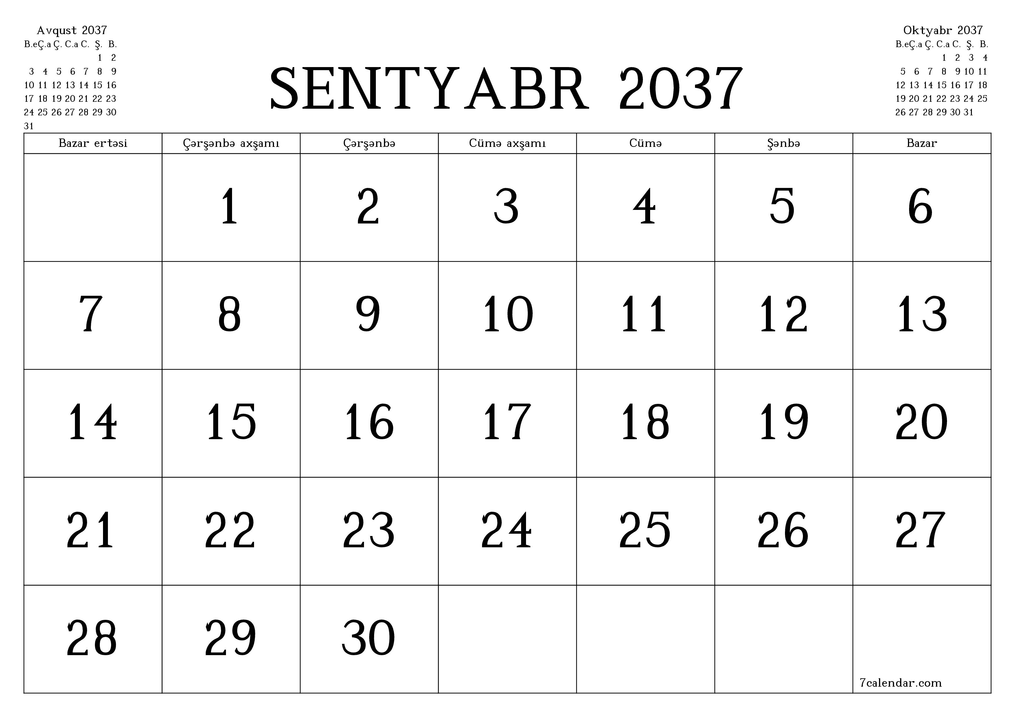 Sentyabr 2037 ayı üçün qeydlər ilə boş aylıq planlayıcı, qeyd edin və PDF-ə yazdırın PNG Azerbaijani