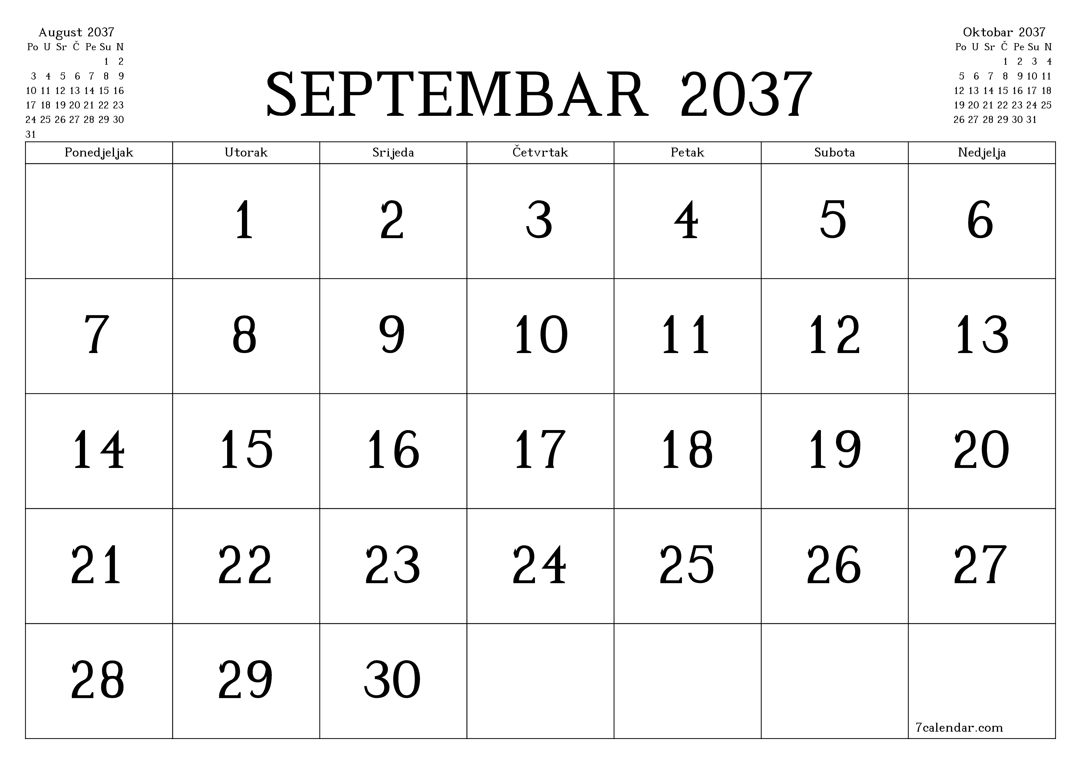 Ispraznite mjesečni planer za mjesec Septembar 2037 s bilješkama, spremite i ispišite u PDF PNG Bosnian