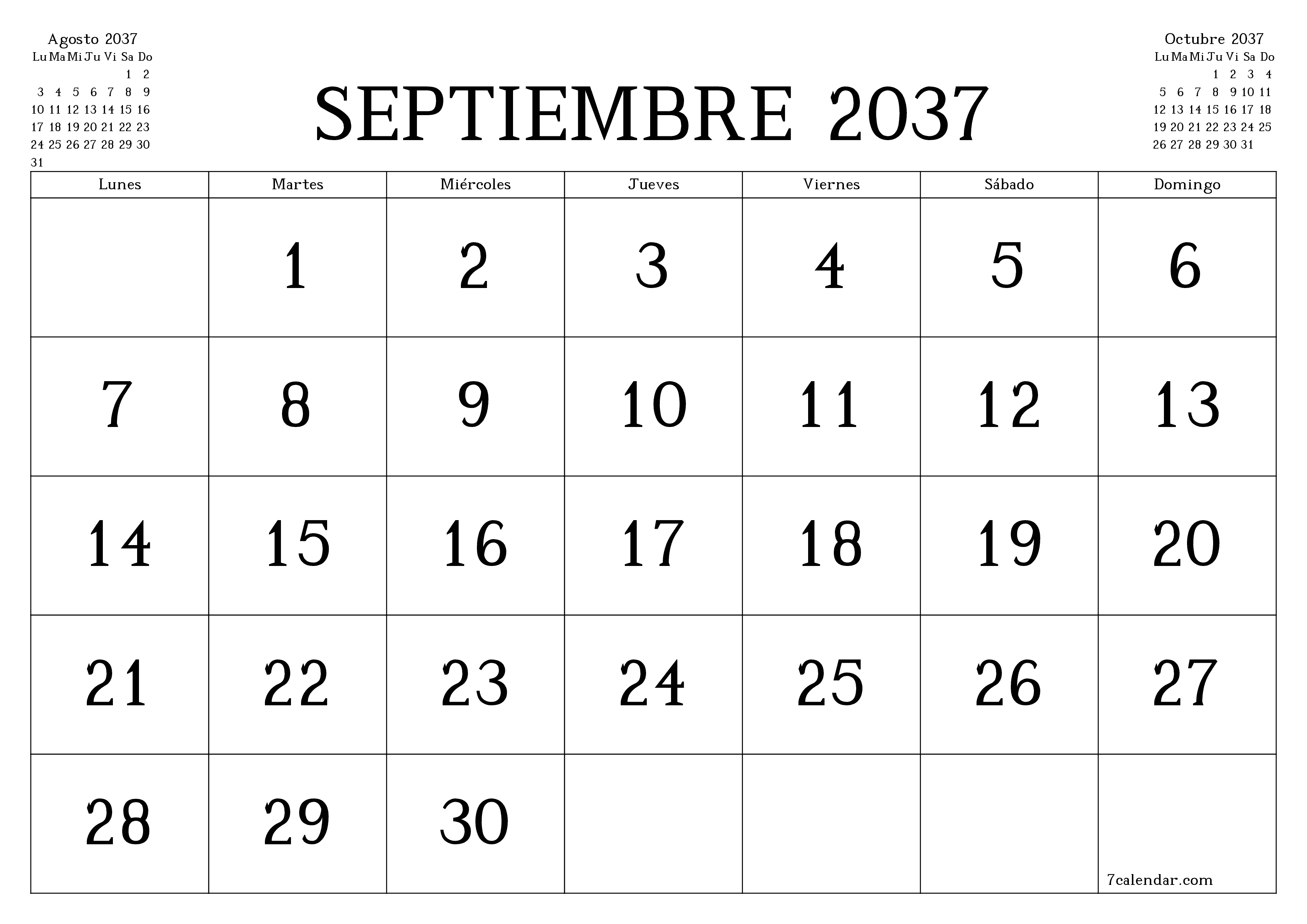 Planificador mensual vacío para el mes Septiembre 2037 con notas, guardar e imprimir en PDF PNG Spanish