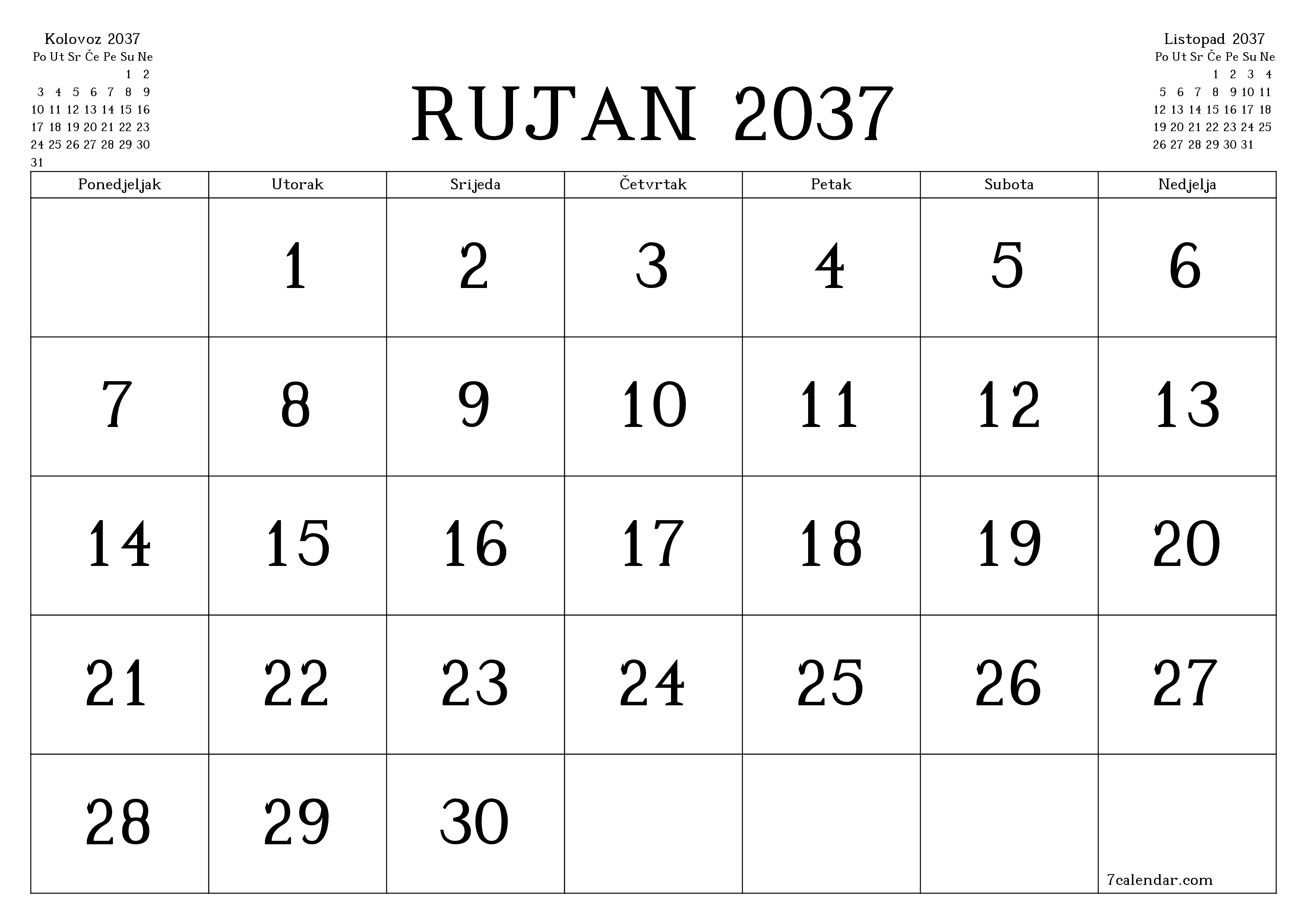 Ispraznite mjesečni planer za mjesec Rujan 2037 s bilješkama, spremite i ispišite u PDF PNG Croatian