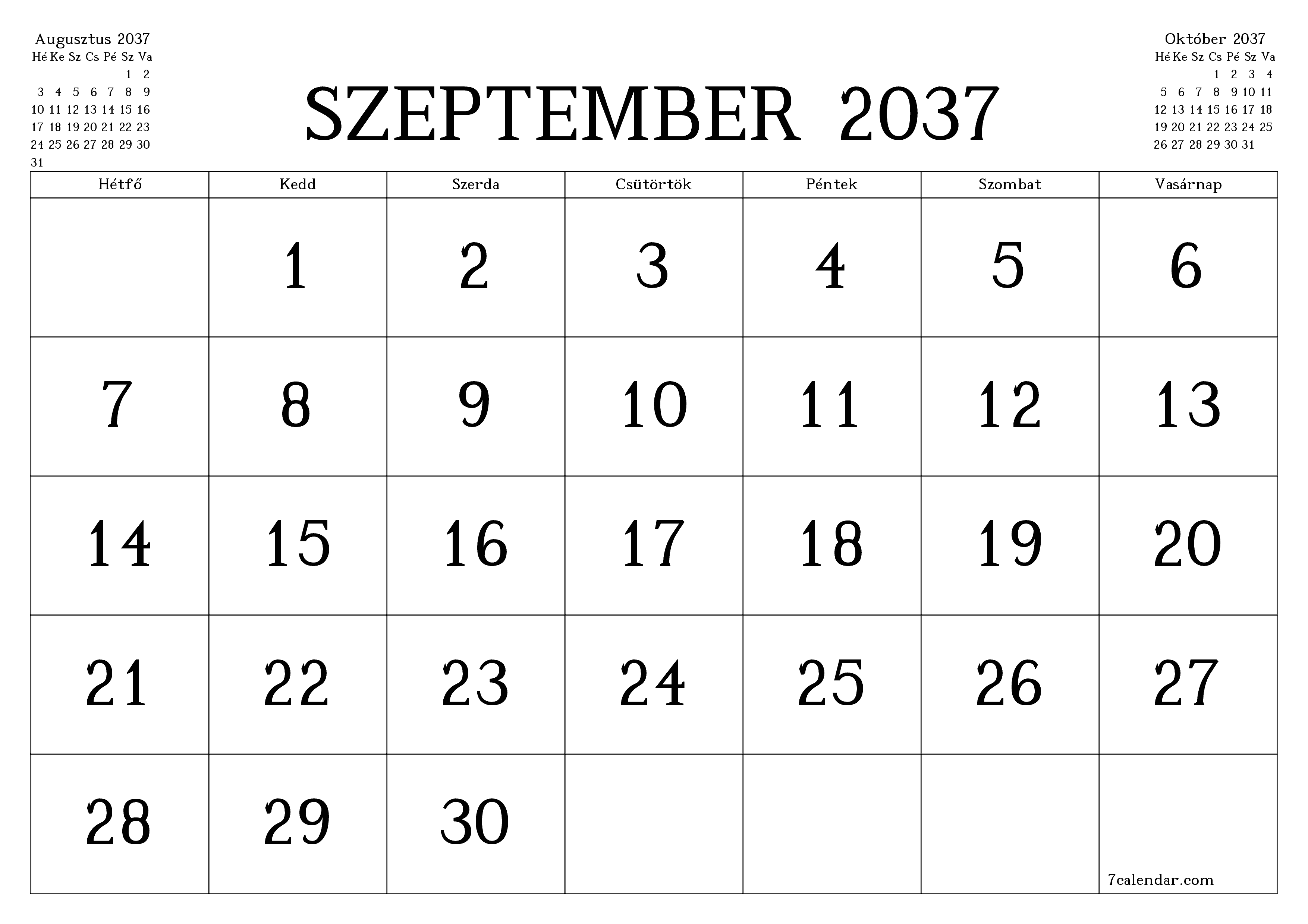 Üres havi tervező a Szeptember 2037 hónapra jegyzetekkel, mentés és nyomtatás PDF-be PNG Hungarian