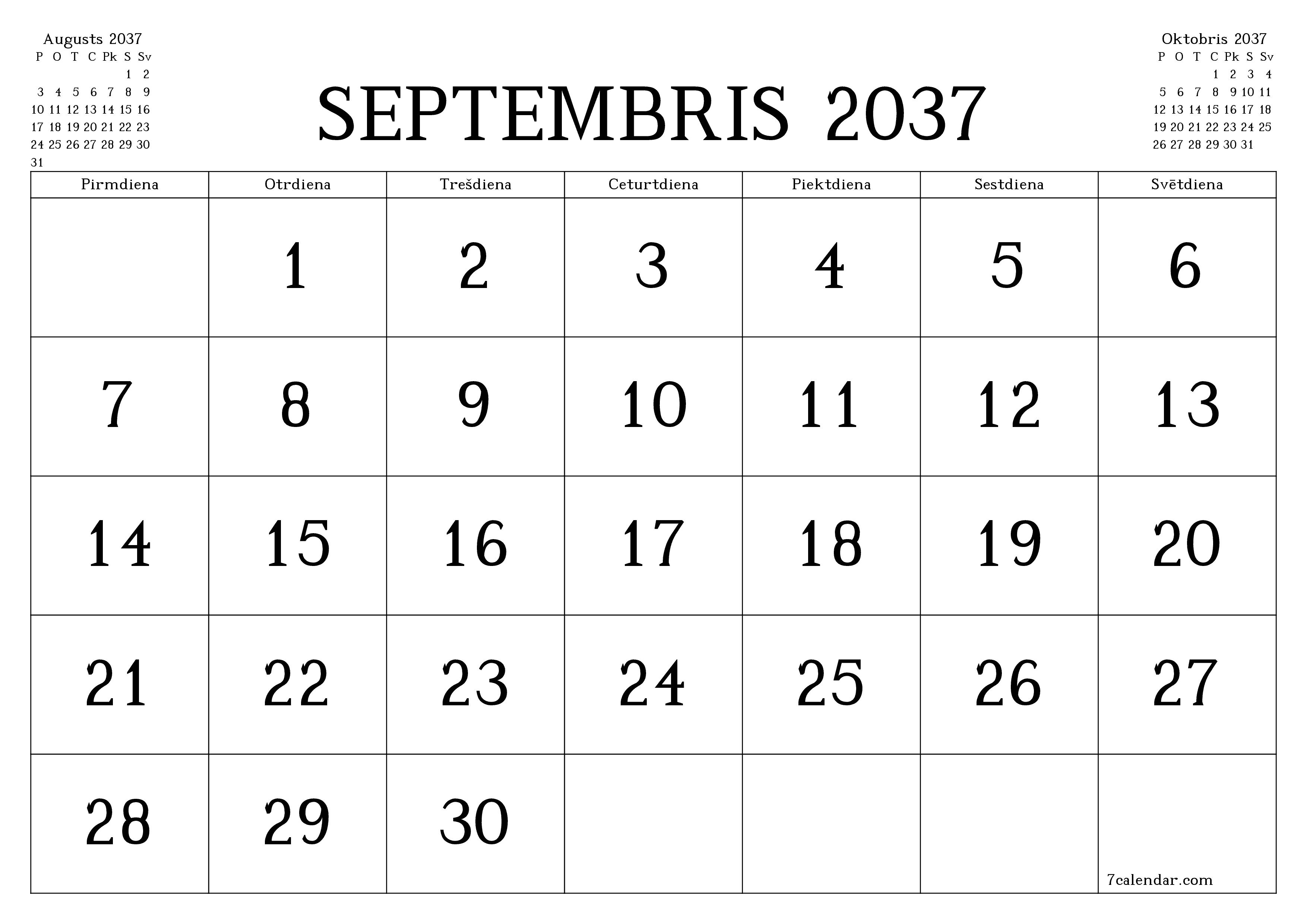 Iztukšot mēneša plānotāju mēnesim Septembris 2037 ar piezīmēm, saglabāt un izdrukāt PDF formātā PNG Latvian
