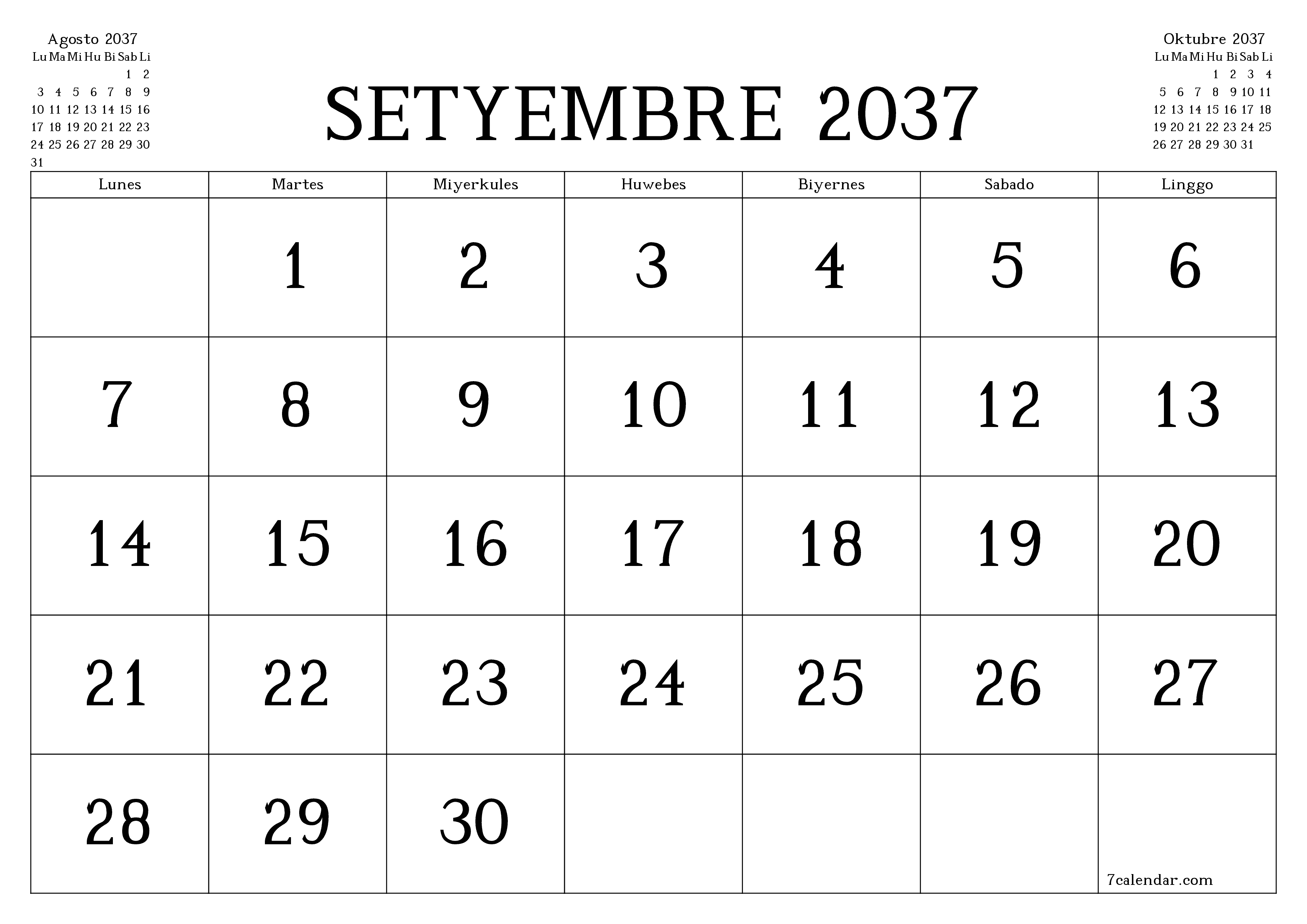 Walang laman na buwanang tagaplano para sa buwan na Setyembre 2037 na may mga tala, i-save at i-print sa PDF PNG Filipino