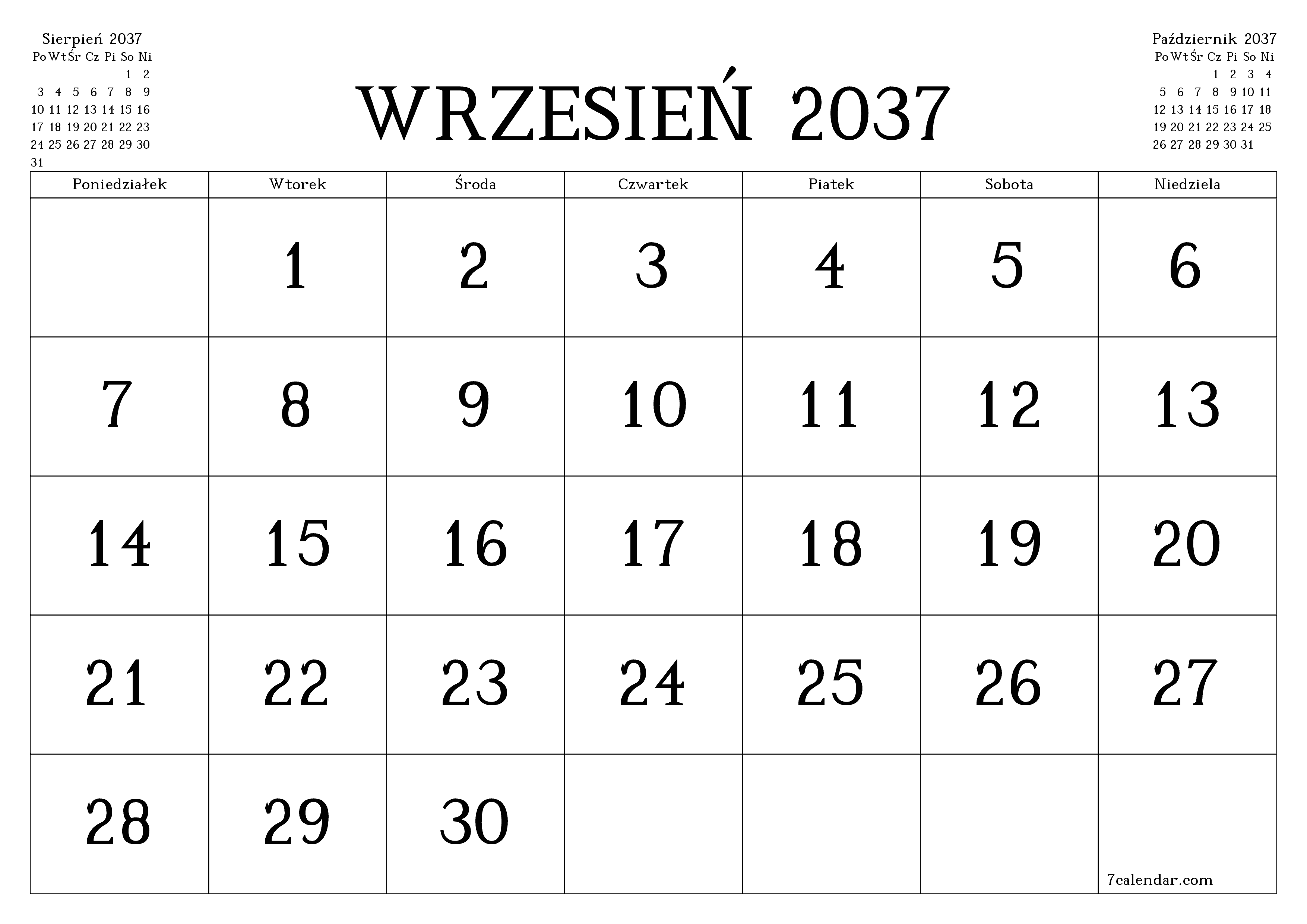 Opróżnij miesięczny planer na miesiąc Wrzesień 2037 z notatkami, zapisz i wydrukuj w formacie PDF PNG Polish