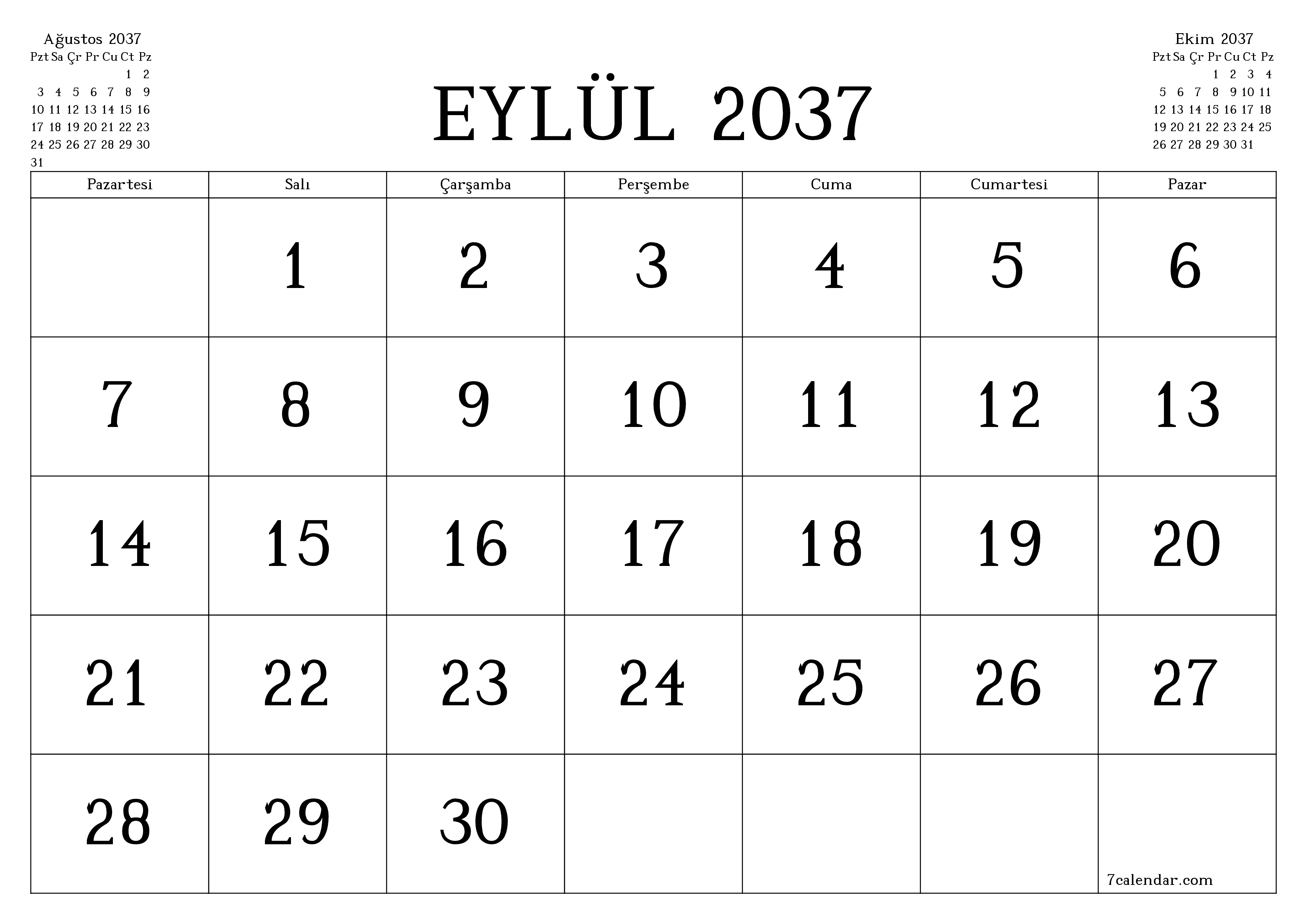 Eylül 2037 ayı için notlarla birlikte boş aylık planlayıcı, kaydedin ve PDF'ye yazdırın PNG Turkish
