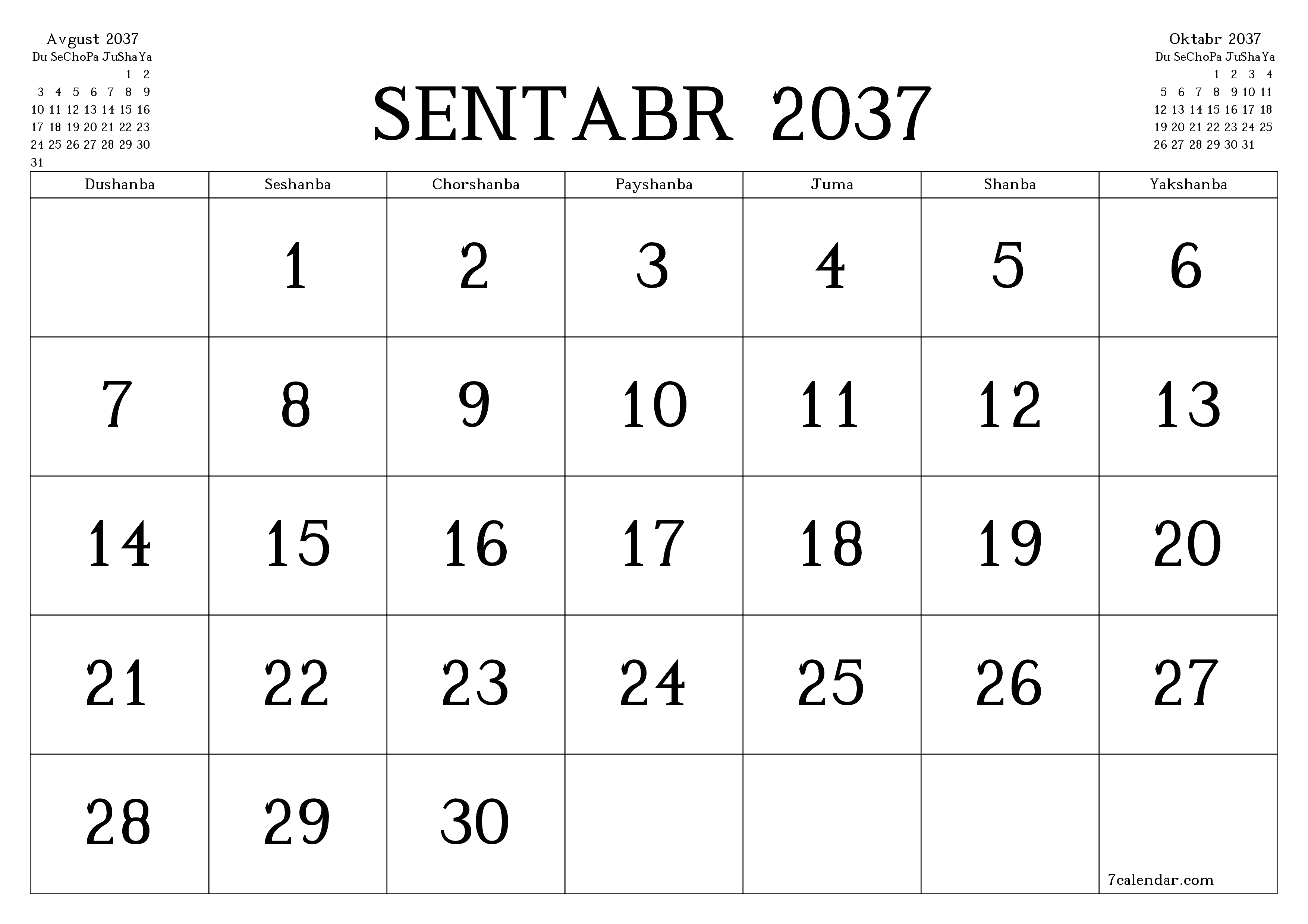 Sentabr 2037 oylik oylik rejalashtiruvchini yozuvlar bilan bo'shatish, saqlash va PDF-ga chop etish PNG Uzbek