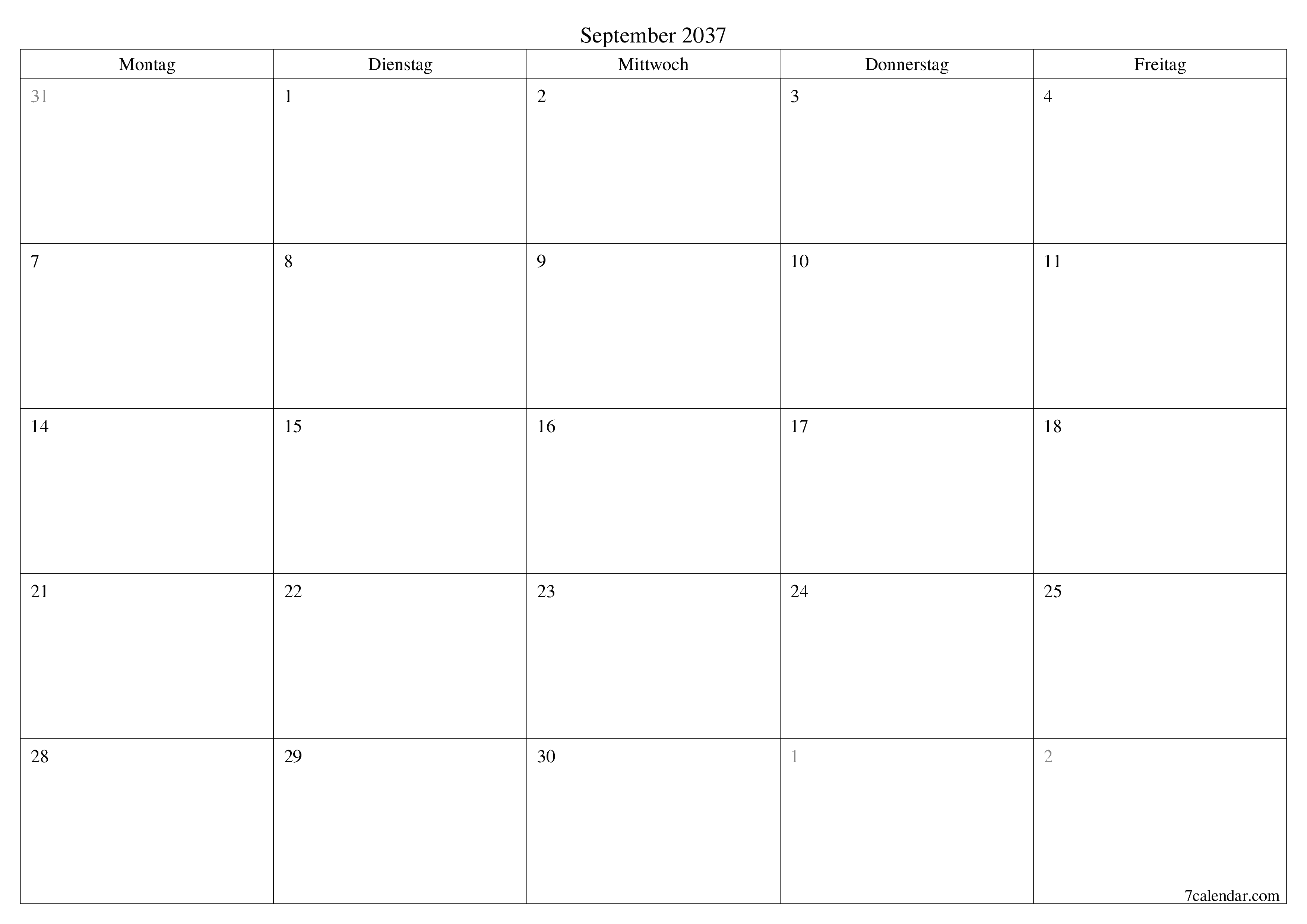 Monatsplaner für Monat September 2037 mit Notizen leeren, speichern und als PDF PNG German - 7calendar.com drucken