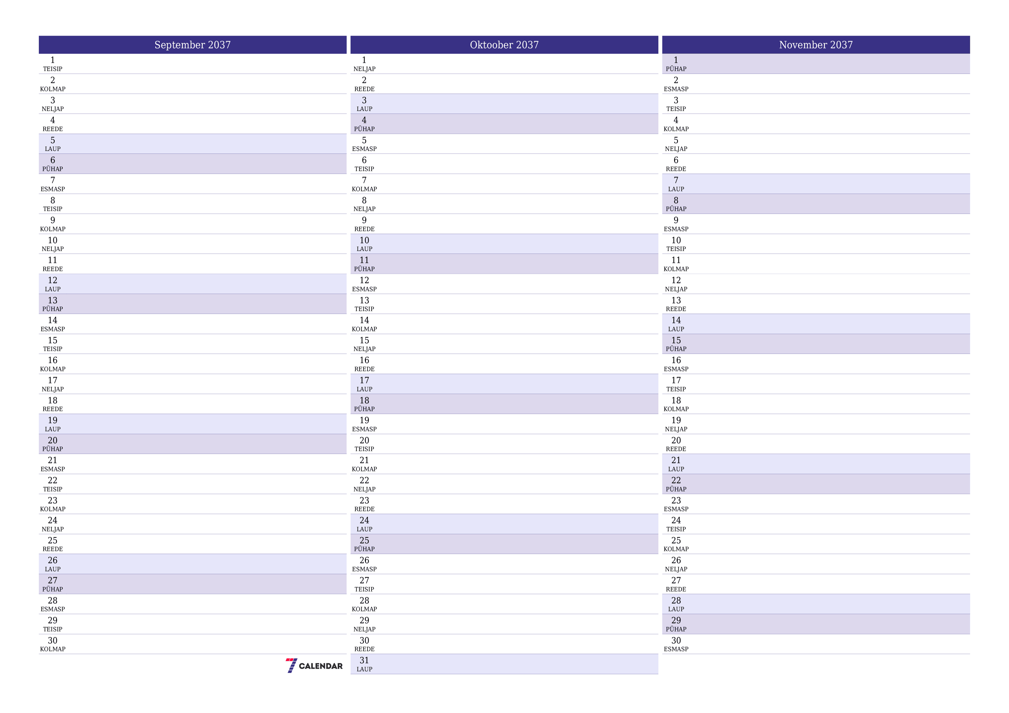 Tühjendage kuu September 2037 kuuplaneerija märkmetega, salvestage ja printige PDF-i PNG Estonian