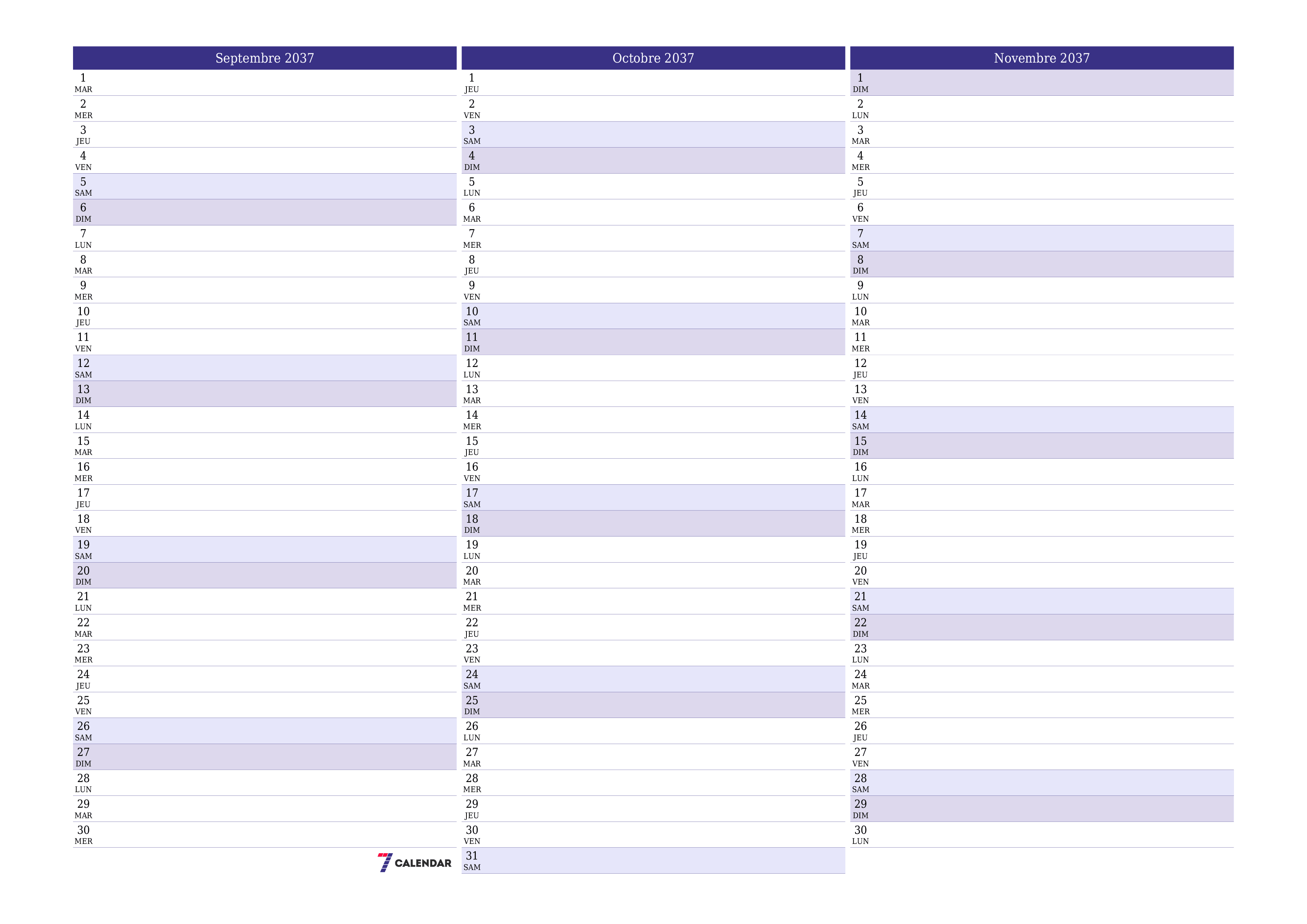 Agenda mensuel vide pour le mois Septembre 2037 avec notes, enregistrez et imprimez au format PDF PNG French