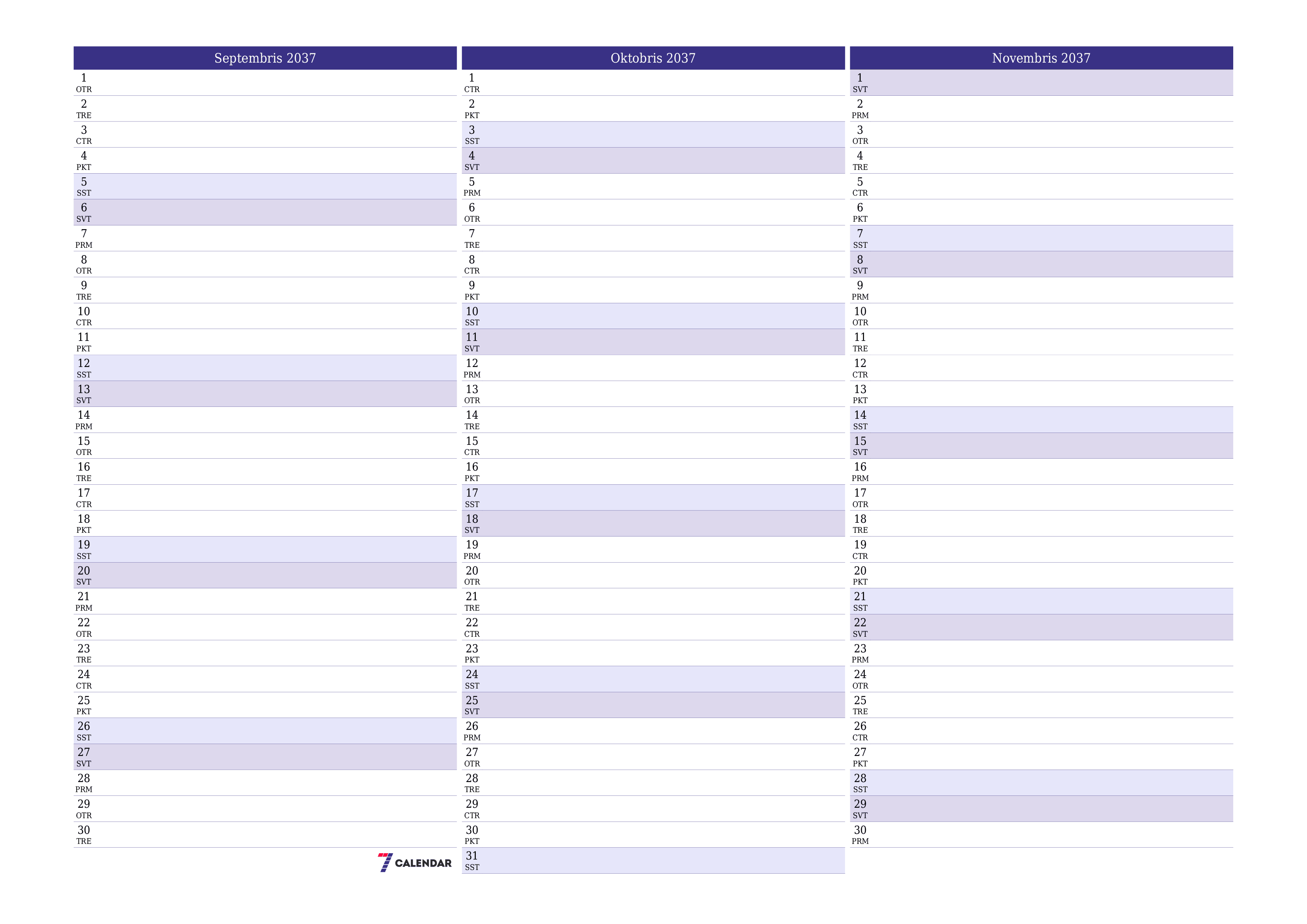 Iztukšot mēneša plānotāju mēnesim Septembris 2037 ar piezīmēm, saglabāt un izdrukāt PDF formātā PNG Latvian