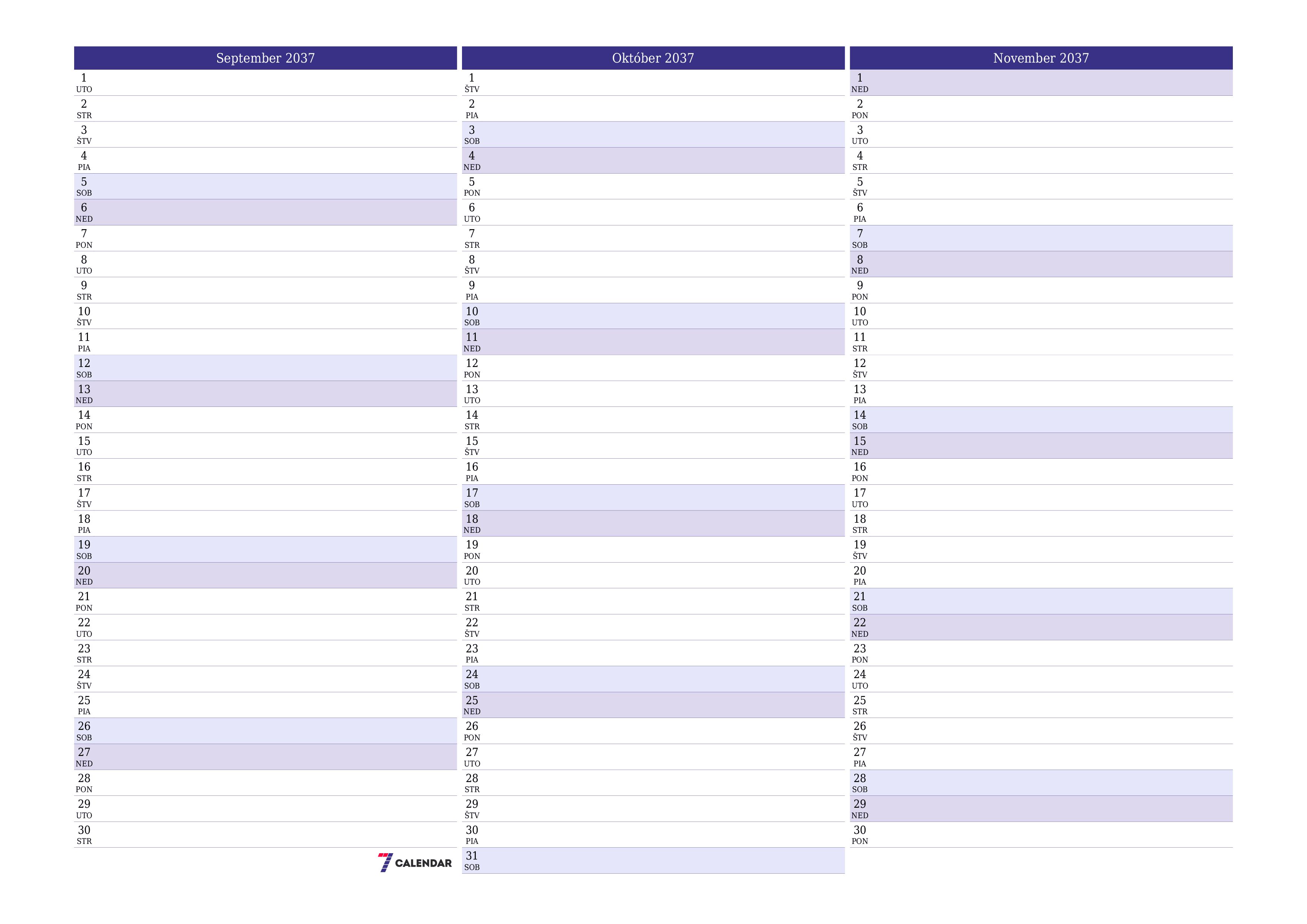 Prázdny mesačný plánovač na mesiac September 2037 s poznámkami, uloženie a tlač do PDF PNG Slovak