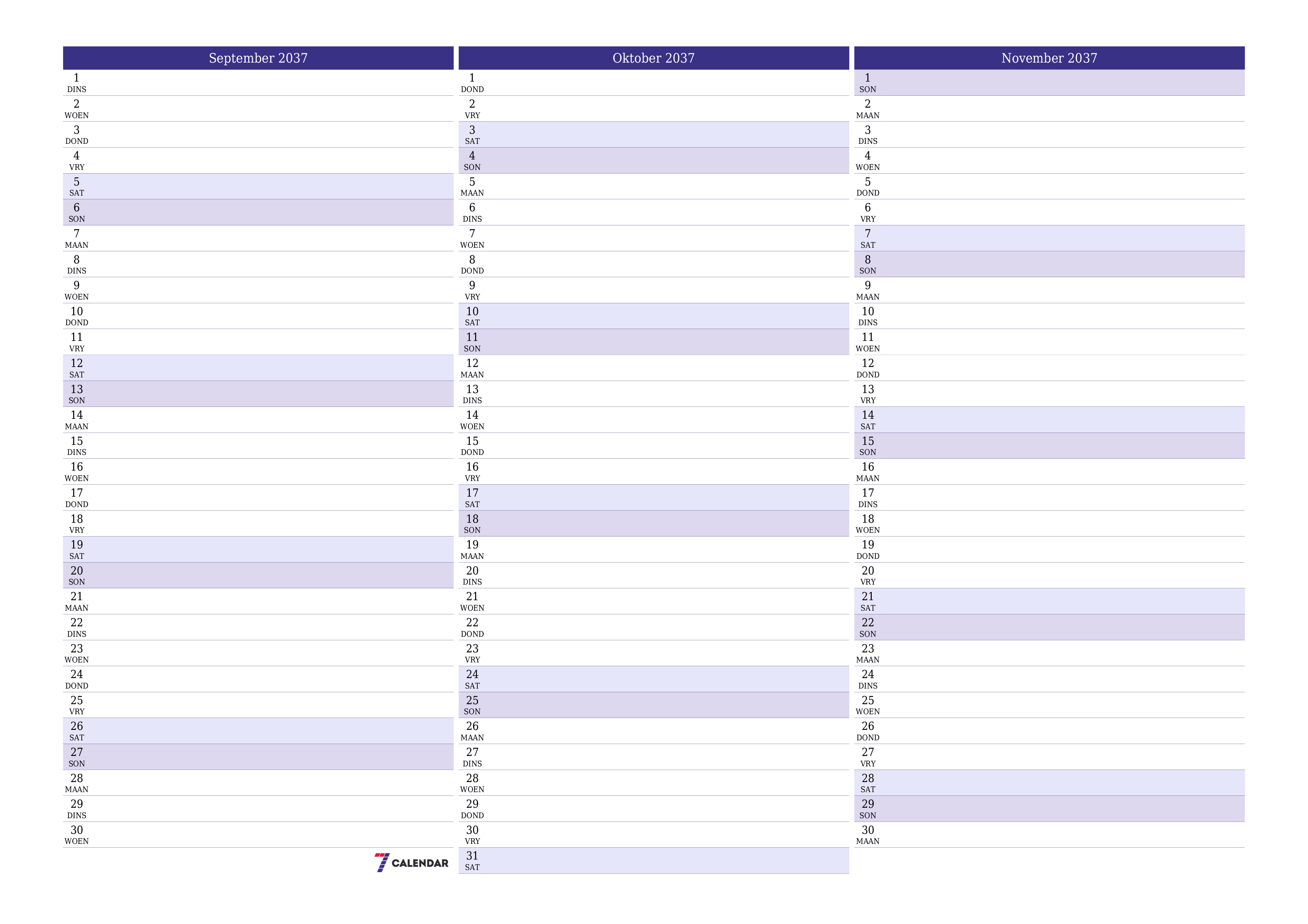 Leë maandelikse drukbare kalender en beplanner vir maand September 2037 met notas stoor en druk na PDF PNG Afrikaans