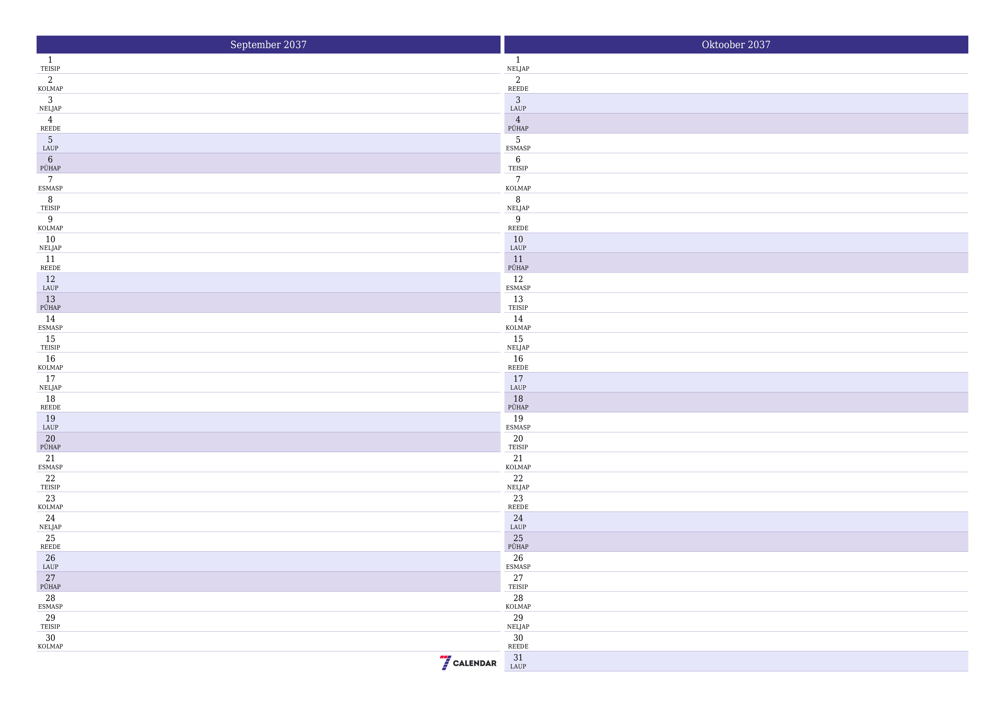 Tühjendage kuu September 2037 kuuplaneerija märkmetega, salvestage ja printige PDF-i PNG Estonian