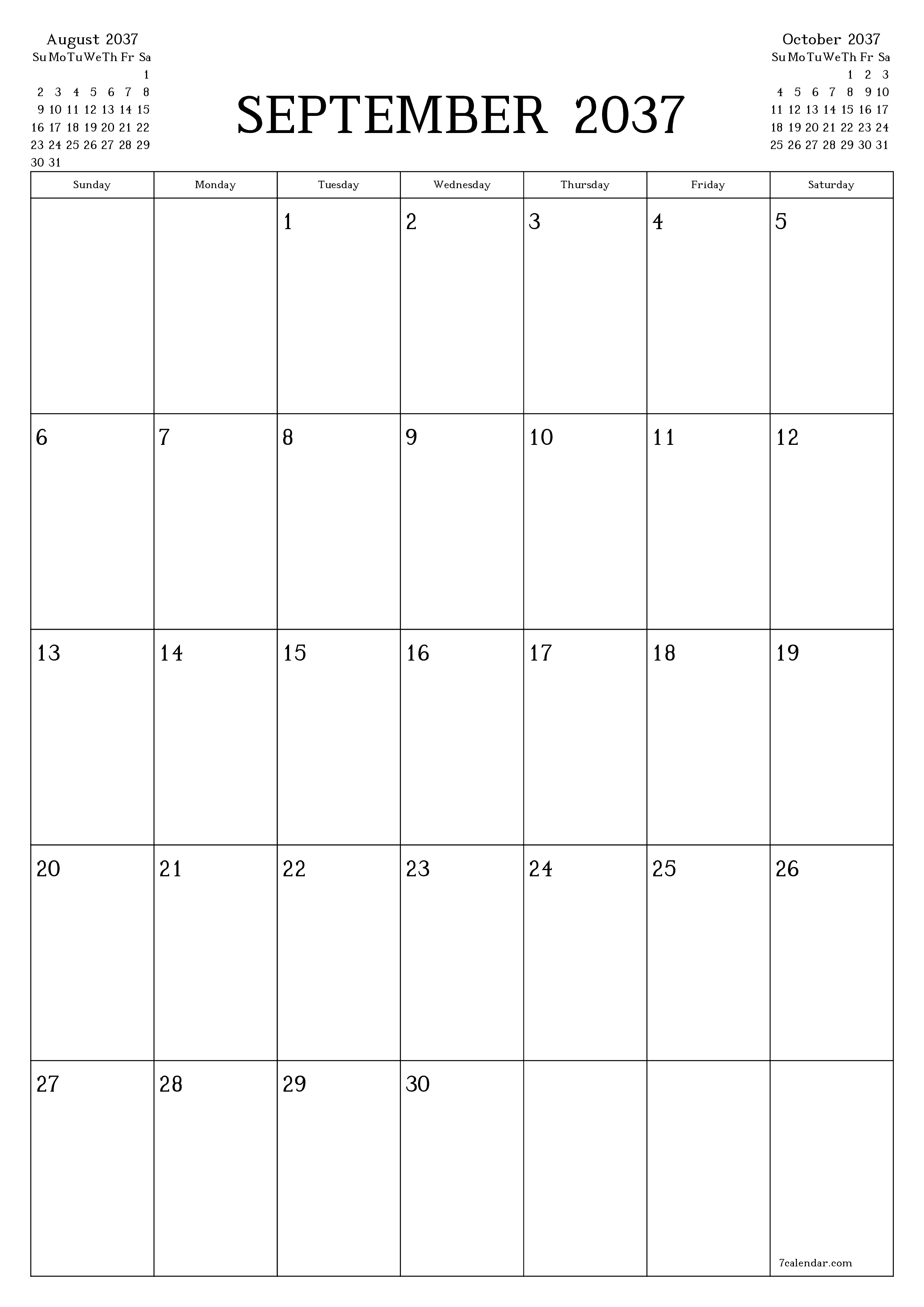 printable wall template free vertical Monthly planner calendar September (Sep) 2037