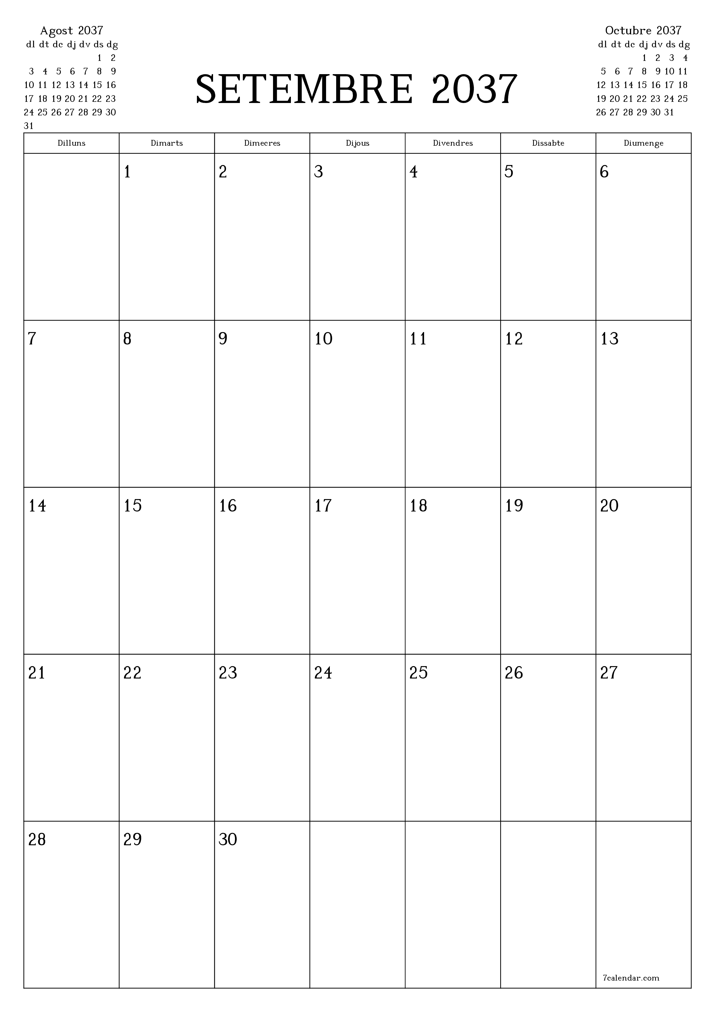  imprimible de paret plantilla de gratuïtvertical Mensual planificador calendari Setembre (Set) 2037