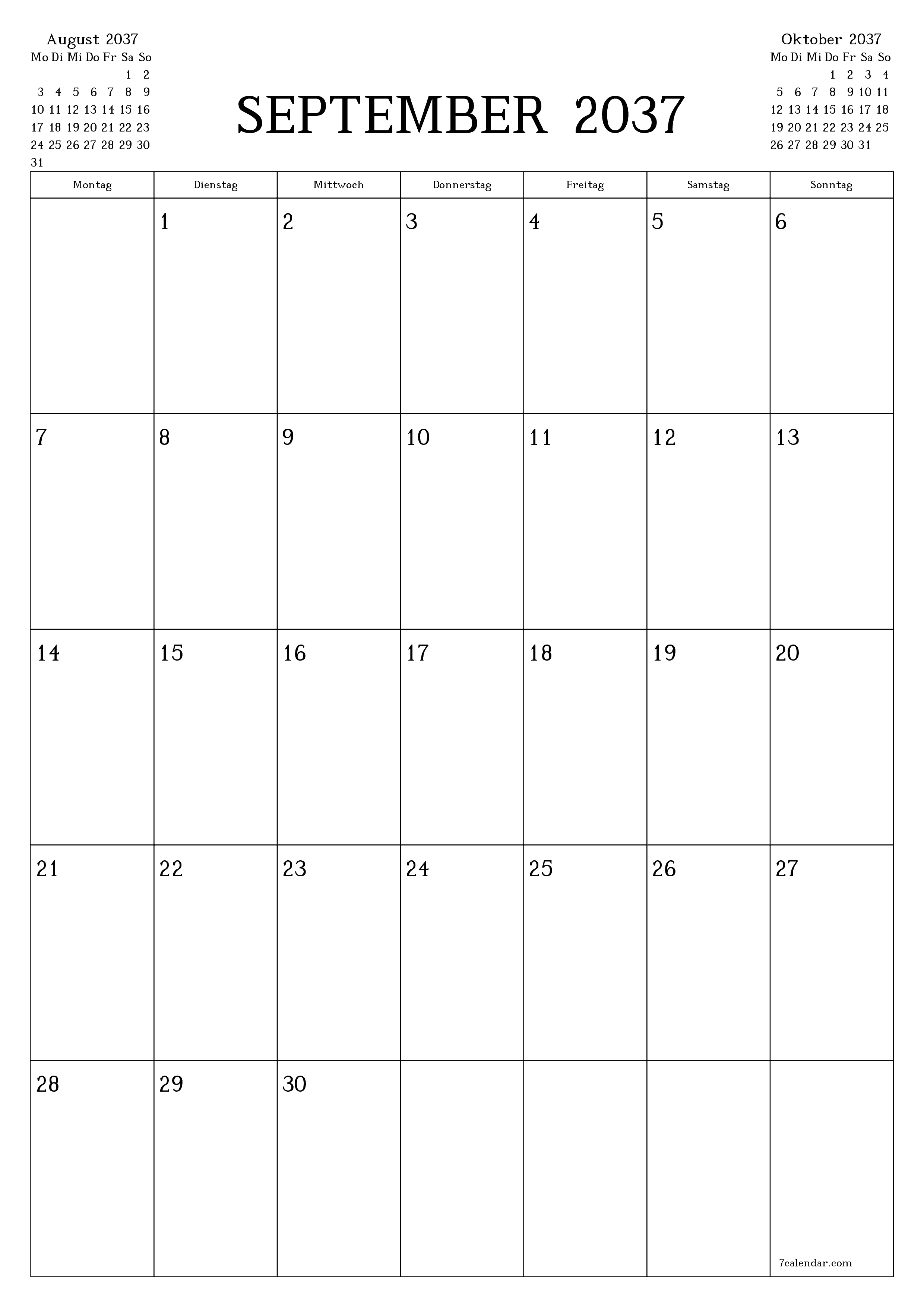  zum Ausdrucken Wandkalender vorlage kostenloser vertikal Monatlich Planer Kalender September (Sep) 2037