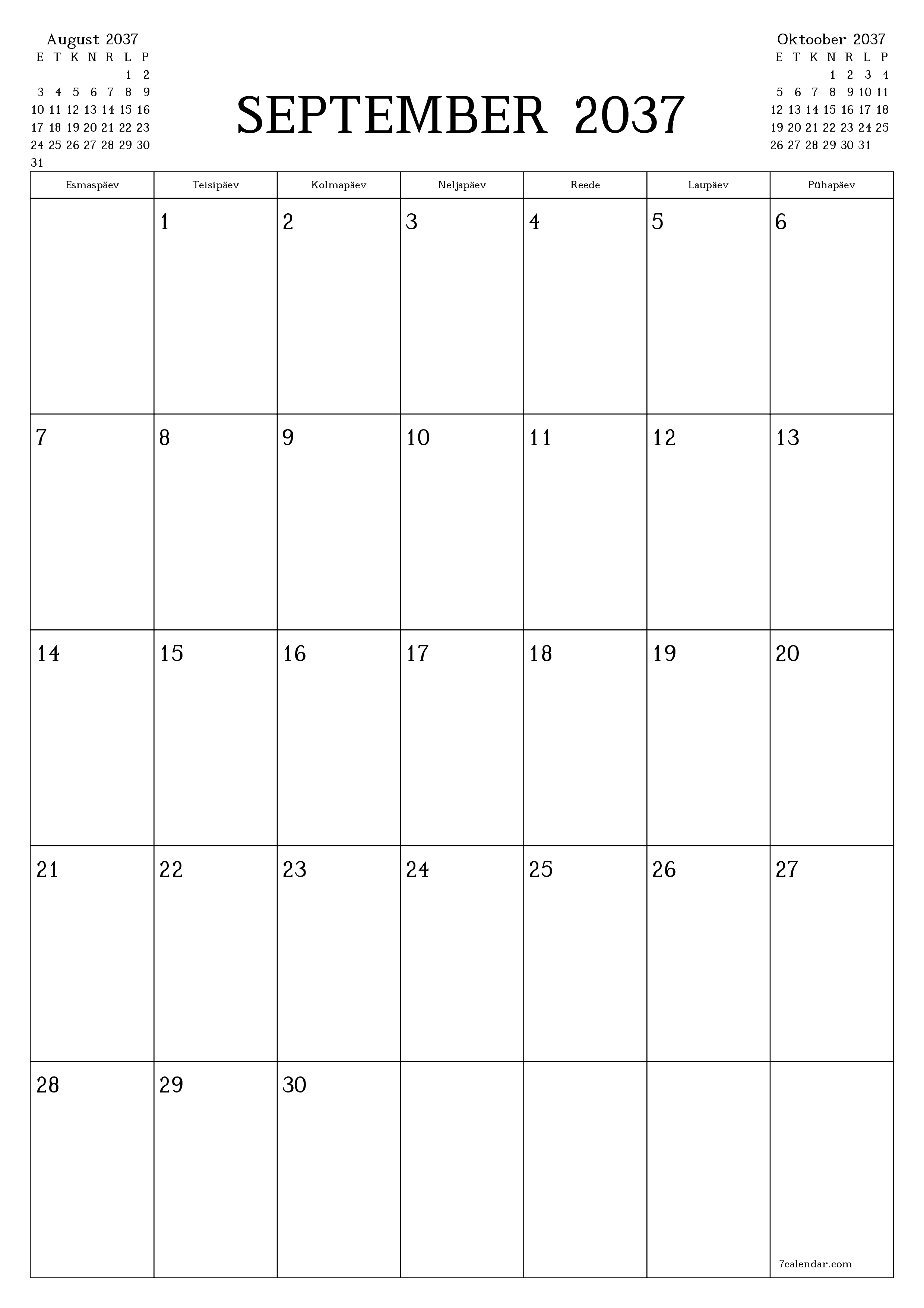 prinditav seina kalendri mall tasuta vertikaalne Igakuine planeerija kalender September (Sept) 2037