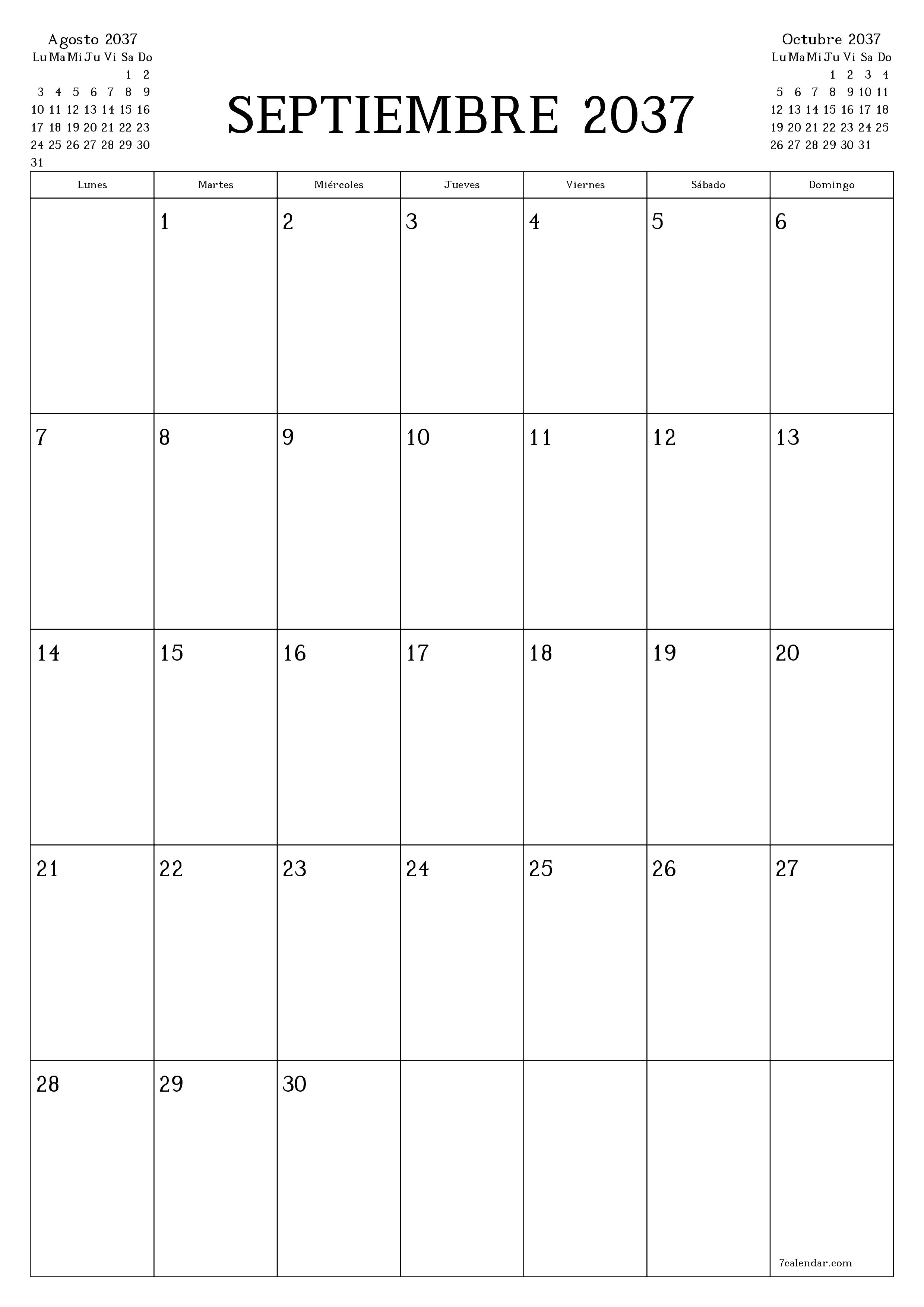  imprimible de pared plantilla de gratisvertical Mensual planificador calendario Septiembre (Sep) 2037